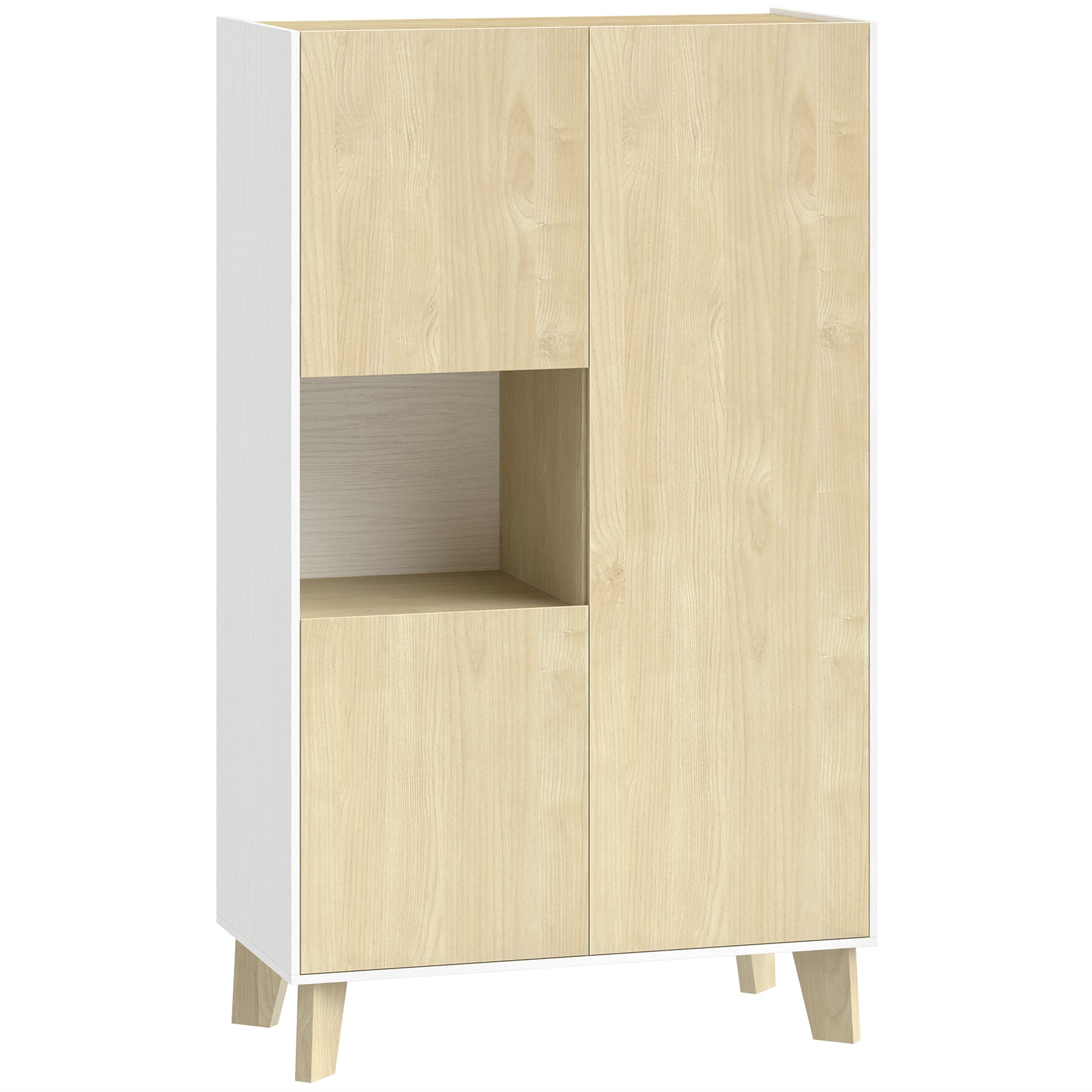 Buffet salon, meuble de rangement à 6 compartiments et portes à fermeture amortie, 80x40x135cm, blanc et bois naturel