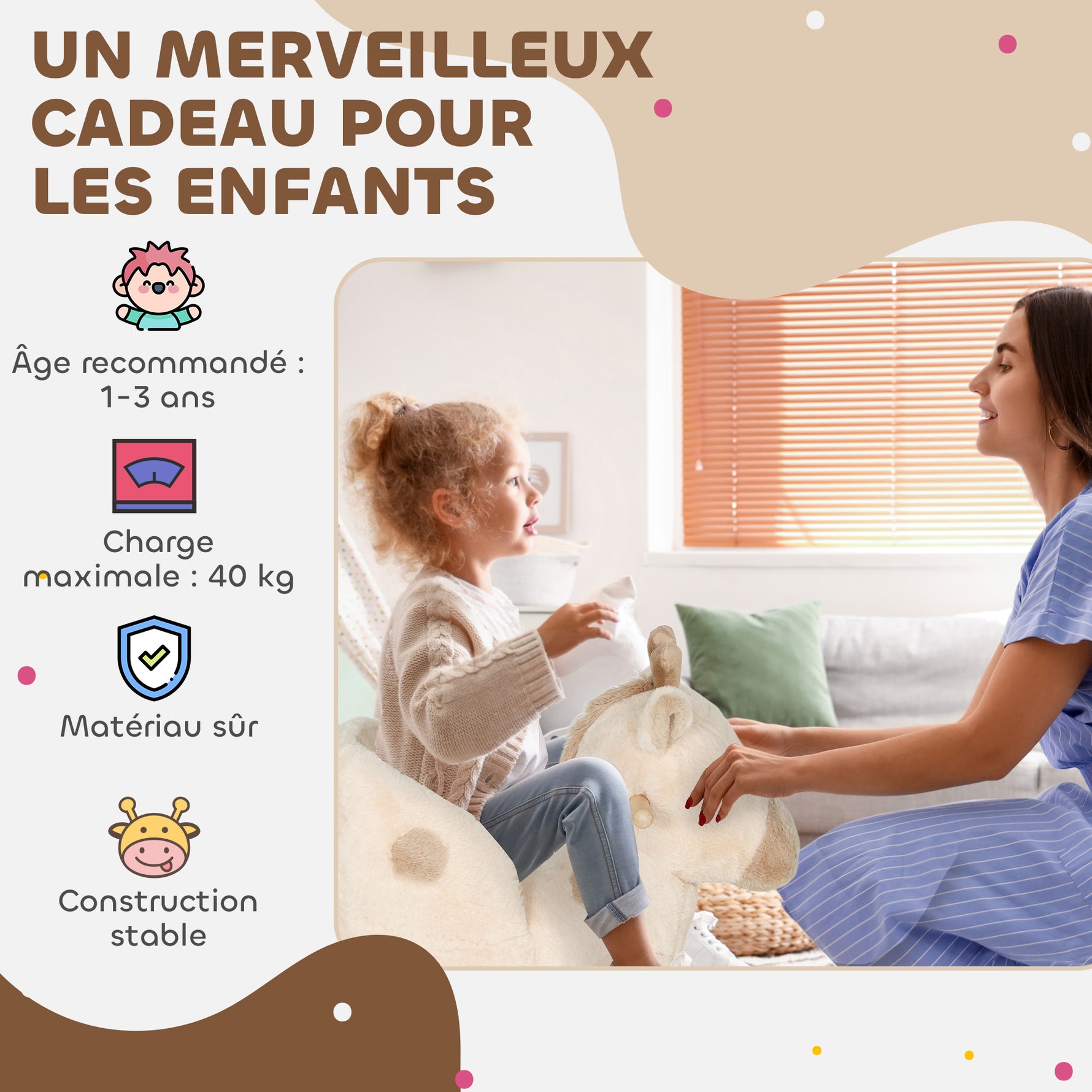 Cheval à bascule pour enfants girafe jouet à bascule bébé avec effet sonore, ceinture de sécurité, 68x35x50cm, beige