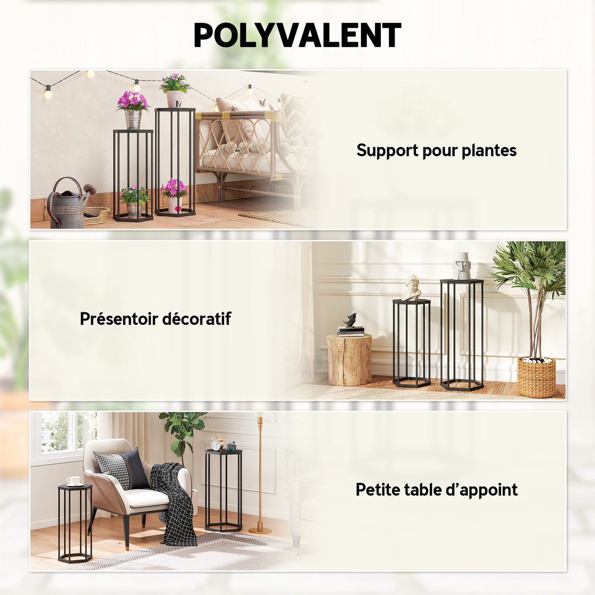Set di 2 supporti per piante, sgabello esagonale in metallo per fiori, per interni ed esterni, nero