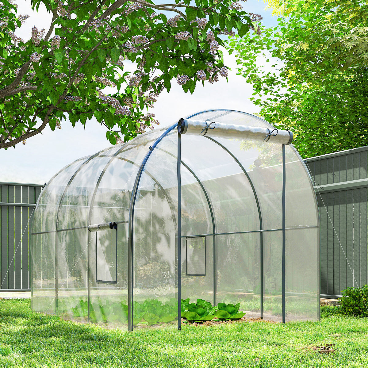 Serra da giardino a tunnel 6 m² 3L x 2P x 2A m telaio tubolare rinforzato porta con cerniera 2 finestre avvolgibili - trasparente