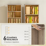 Rangements pour CD et DVD 9 compartiments et 6 étagères réglables capacité max. 260 CD/120 DVD 33 x 24 x 140 cm bois naturel