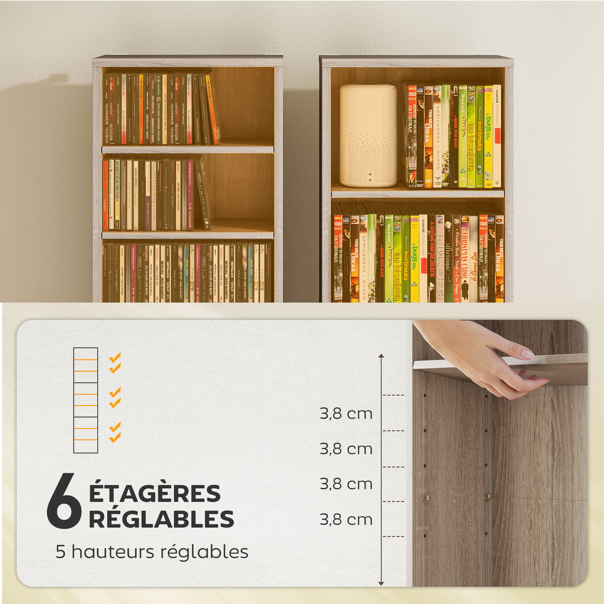 Rangements pour CD et DVD 9 compartiments et 6 étagères réglables capacité max. 260 CD/120 DVD 33 x 24 x 140 cm bois naturel