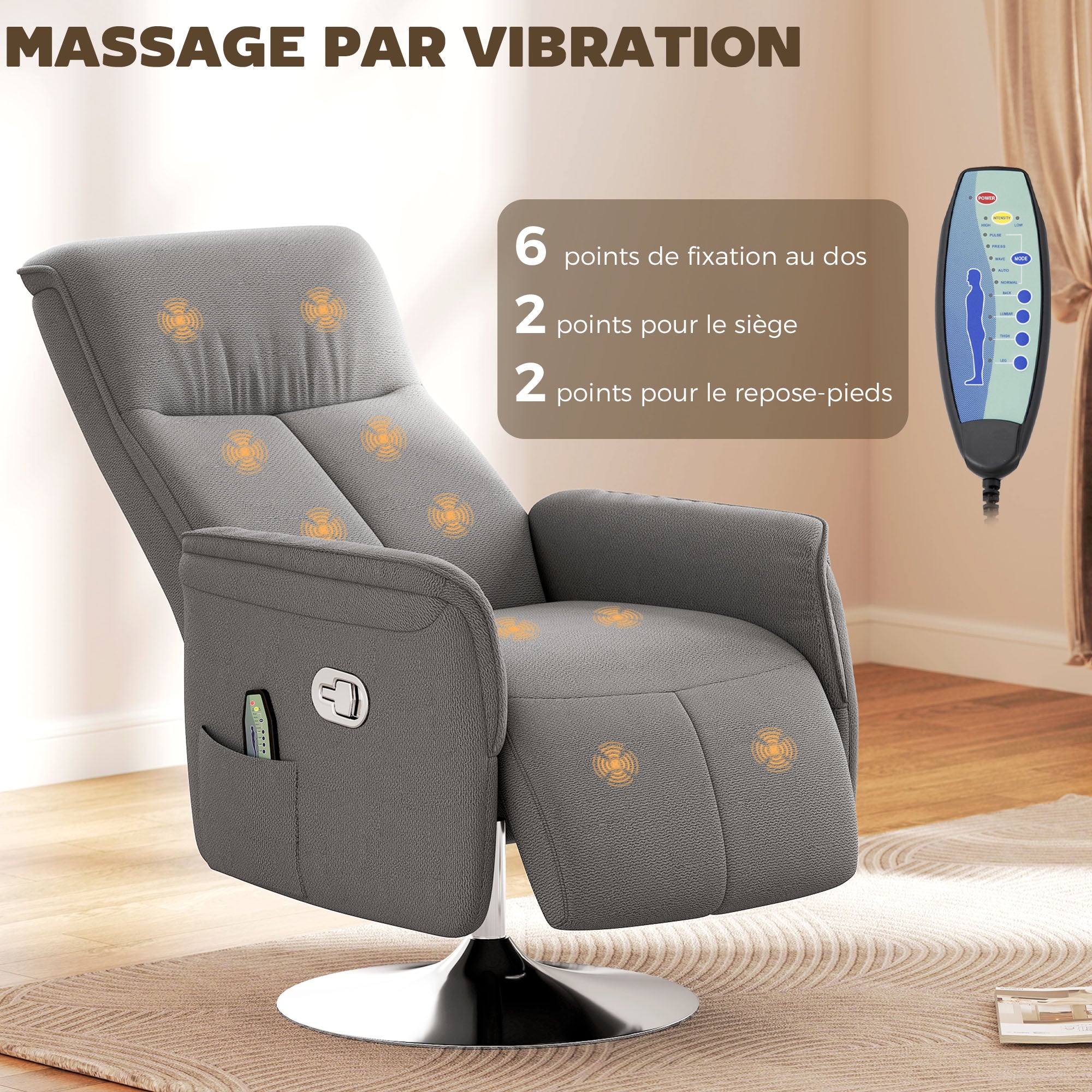 Fauteuil relax massant fauteuil de relaxation inclinable pivotant dossier et repose-pieds réglable 68,5x77x117cm gris