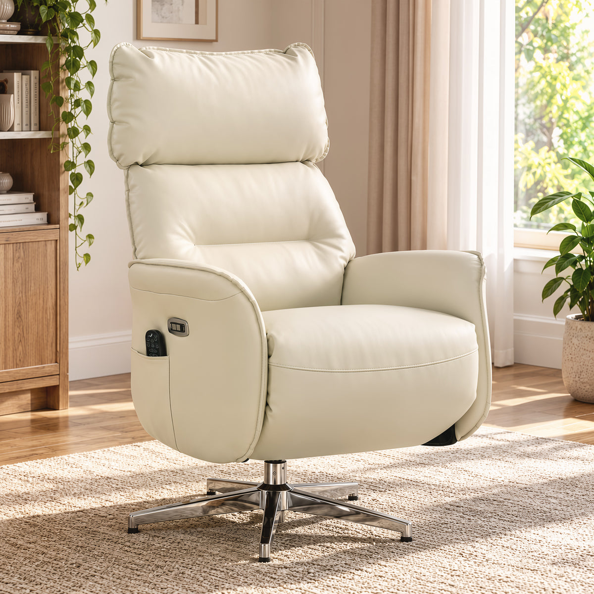 Sillón Relax Eléctrico Giratorio con Masaje y Calefacción, Reclinable de PU, Altura Ajustable, Doble Motor, Crema