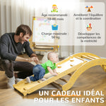 4 en 1 Arche escalade enfants, chaise à bascule, rampe d'escalade double face et coussin, 168x49,5x39,5cm, bois naturel