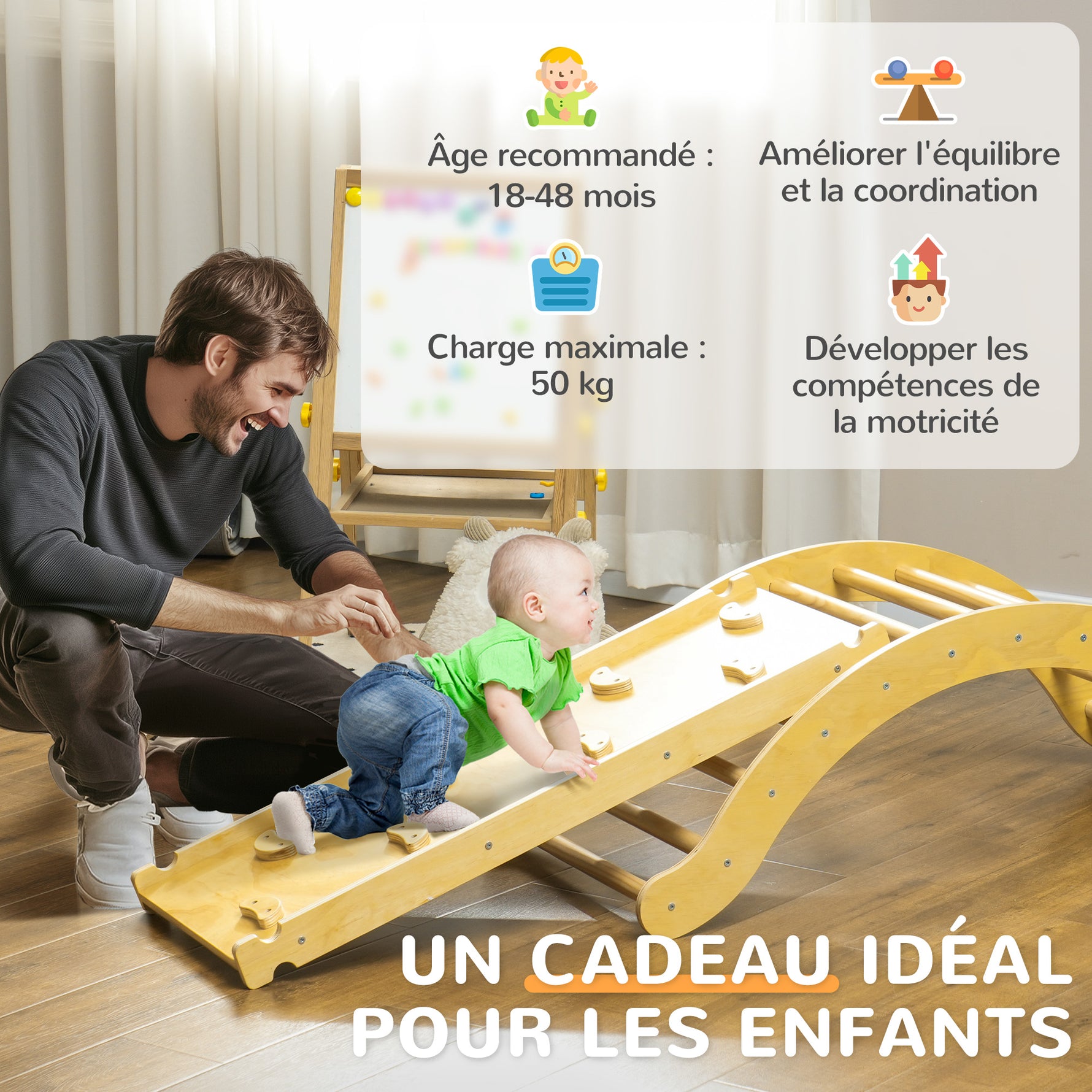 4 en 1 Arche escalade enfants, chaise à bascule, rampe d'escalade double face et coussin, 168x49,5x39,5cm, bois naturel