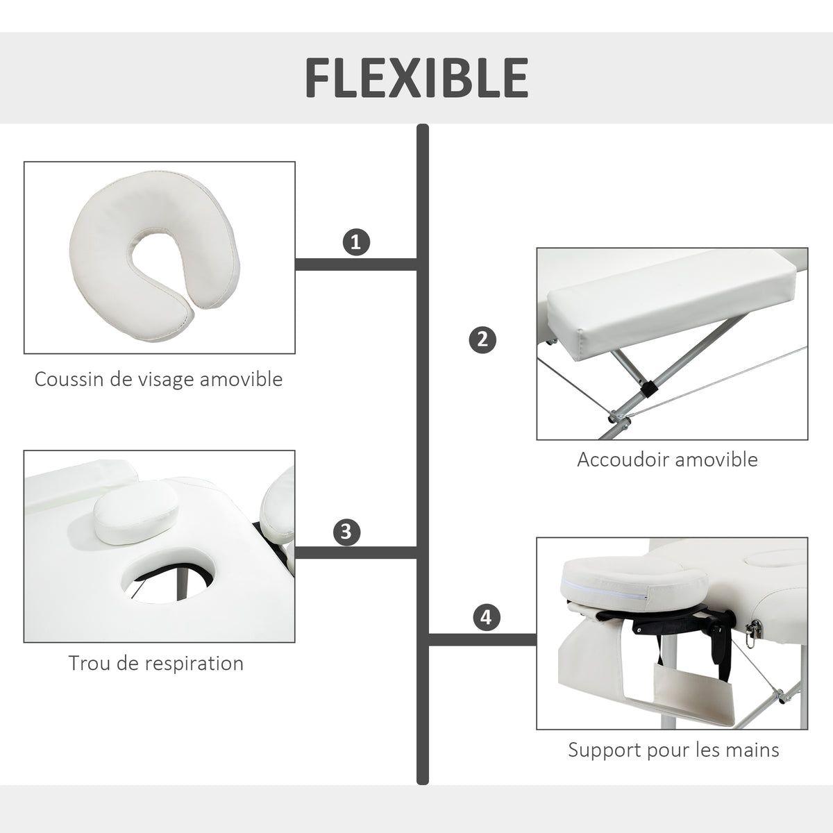 Table de massage 3 zones pliante cosmétique portable charge max. 225 Kg hauteur réglable cadre en alliage blanc