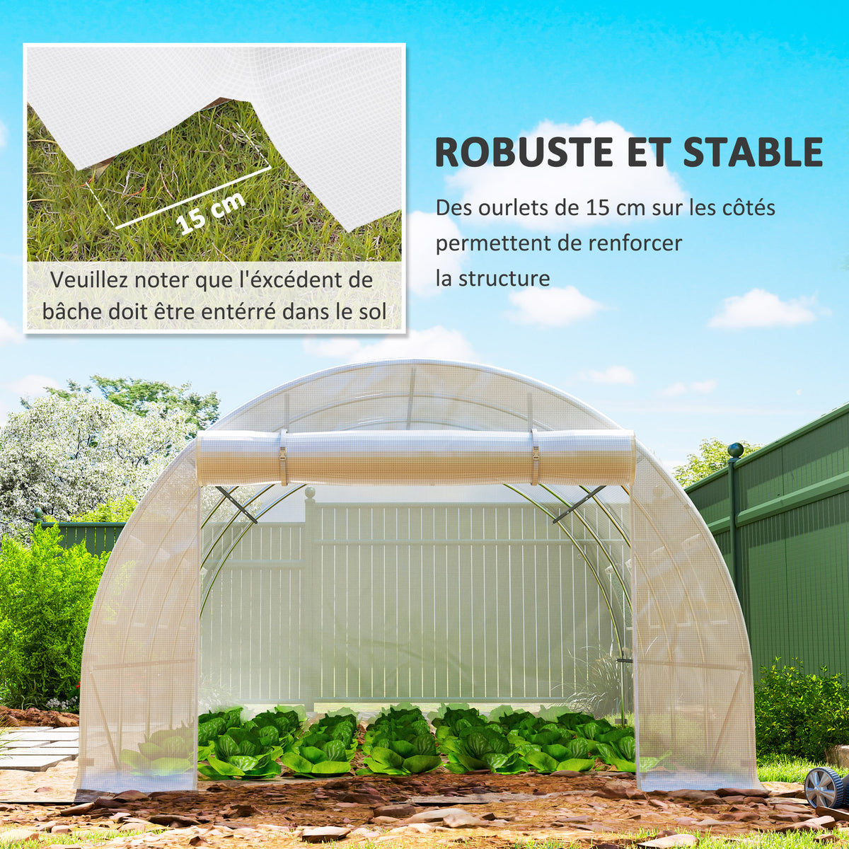 Bâche de rechange serre tunnel 12 m² 4 x 3 x 2 m PE anti-UV imperméable 8 fenêtres + porte enroulable zippée blanc