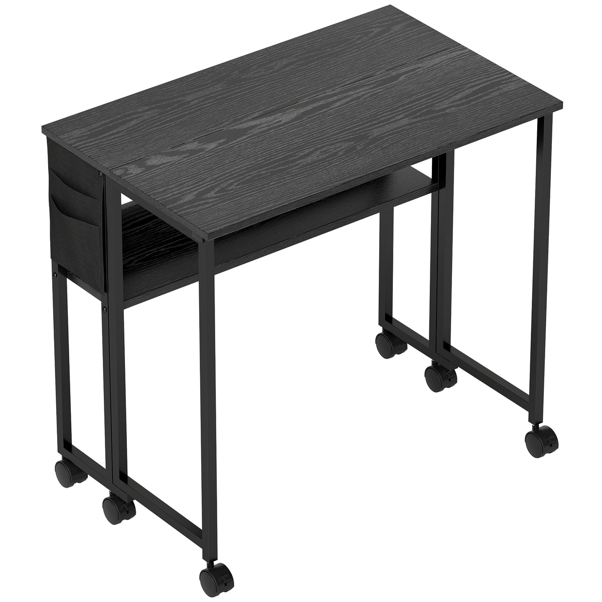 Bureau pliable sur roulettes 80 x 50 cm avec étagère et sac de rangement, noir