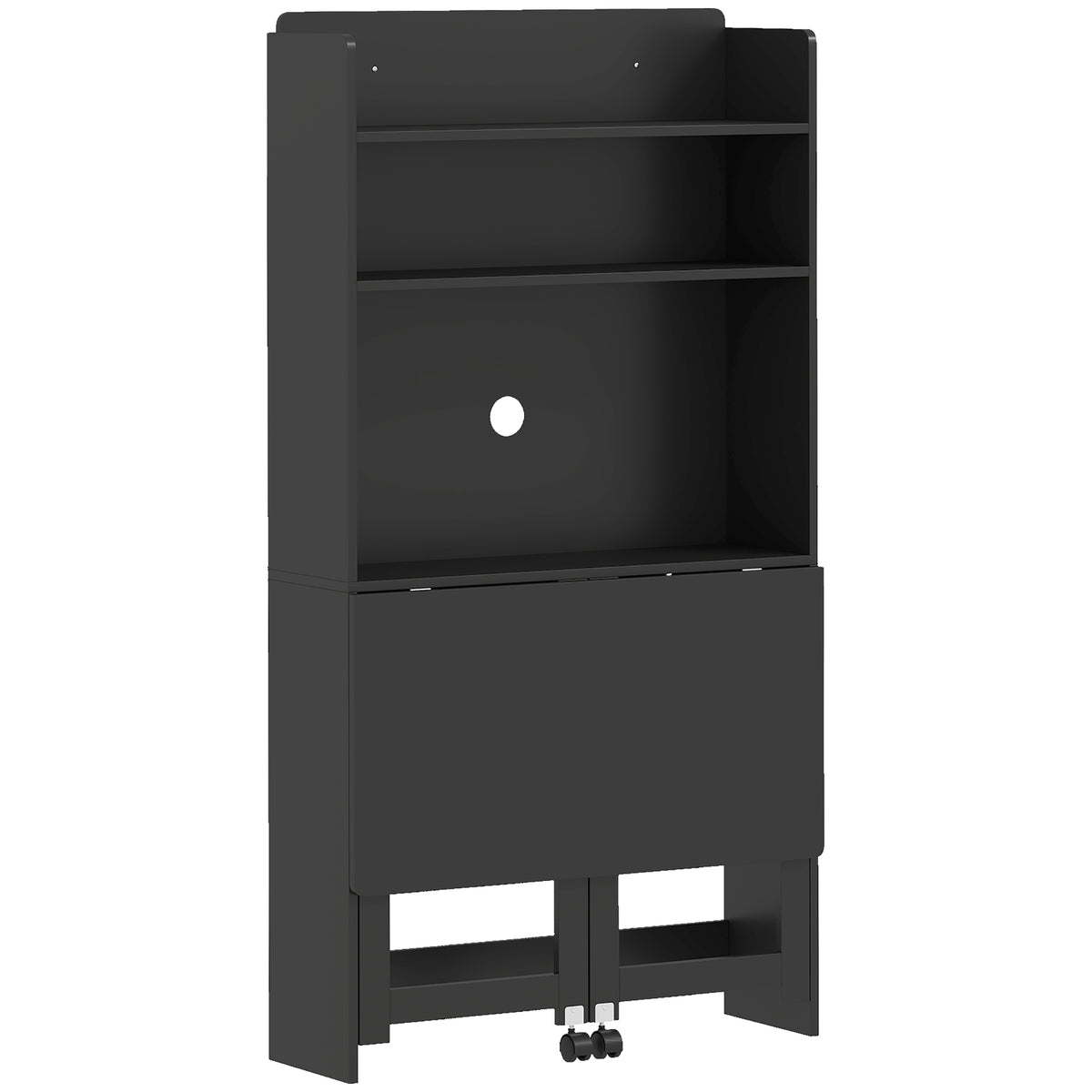 Bureau Informatique avec Étagères de Rangement, Plateau Rabattable, 2 Roulettes, pour Chambre, Salon, 80x69x155cm, Noir