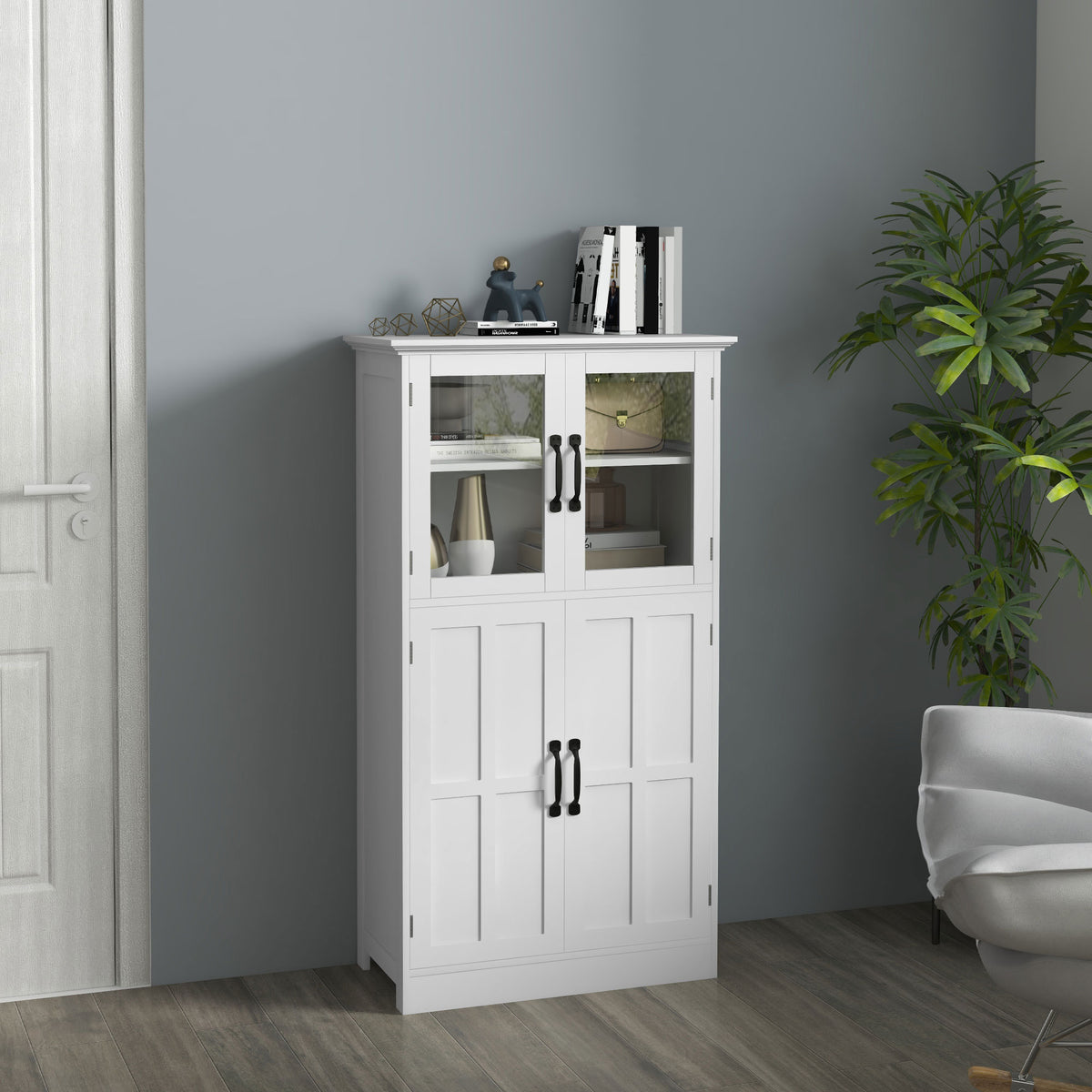 Buffet de cuisine armoire multi-rangements 2 placards, portes en verre, 4 étagères en bois blanc