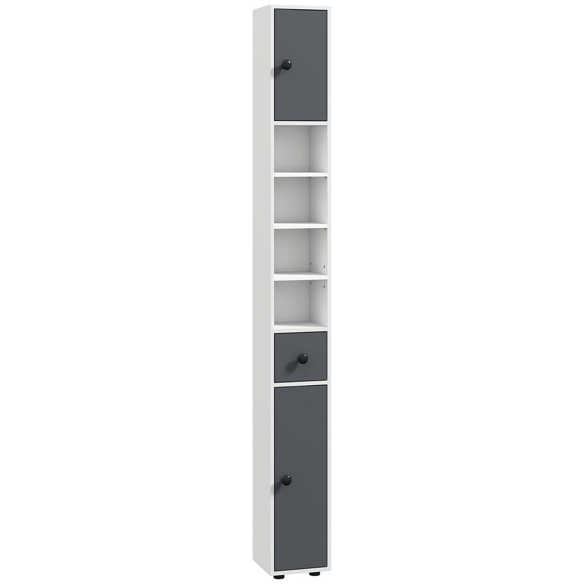 Colonne de rangement armoire haute pour salle de bain 1 tiroir 4 étagères réglables et 2 placards 20 x 20 x 180 cm gris