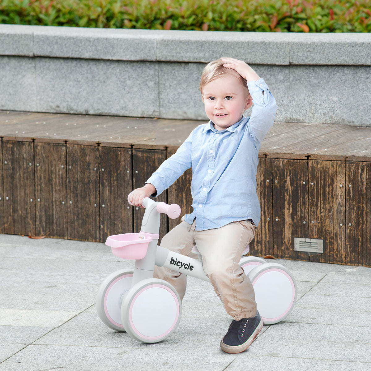 Draisienne vélo Enfant 4 roues selle réglable, guidon ergonomique alliage alu. PP, enfant 1 à 3 ans - Gris Blanc Rose