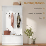 Meuble d'entrée avec banc porte manteaux 3 en 1 5 crochets banc de rangement pour salon couloir 96 x 34 x 179,7 cm crème