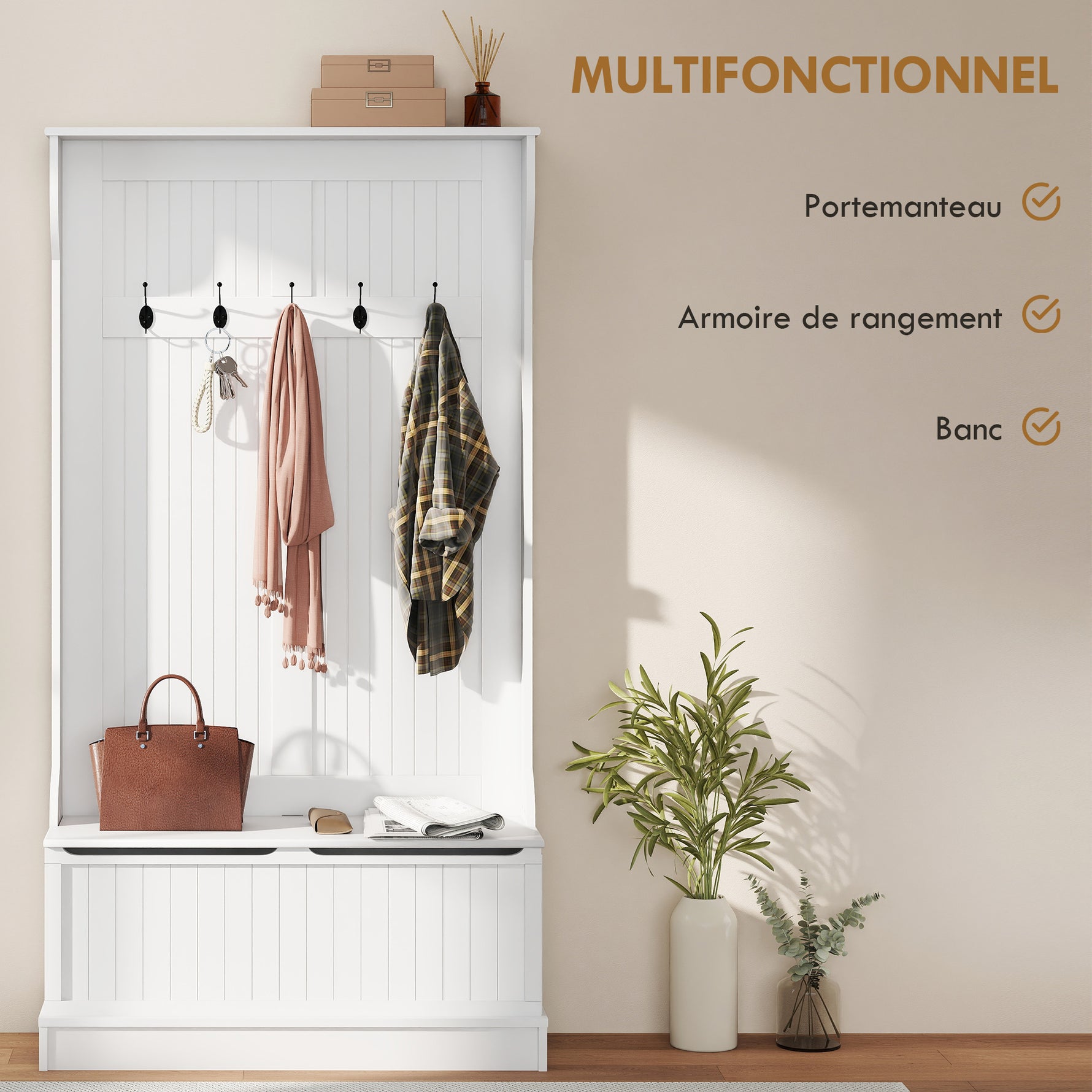 Meuble d'entrée avec banc porte manteaux 3 en 1 5 crochets banc de rangement pour salon couloir 96 x 34 x 179,7 cm crème