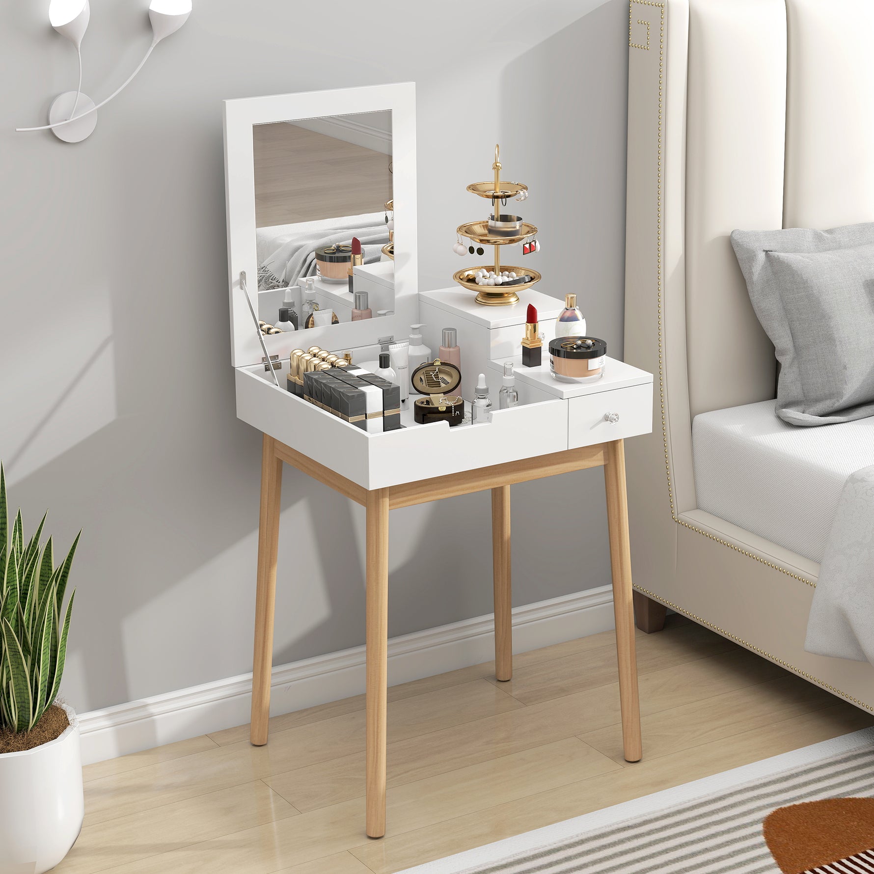 Coiffeuse avec miroir table de maquillage style moderne - 2 tiroirs, miroir rabattable pour chambre à coucher, salon, 60 x 50 x 85,5 cm blanc