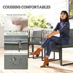 Salon de jardin extérieur en résine tressée 2 personnes, table de jardin avec 2 chaises, plateau en verre trempé, noir