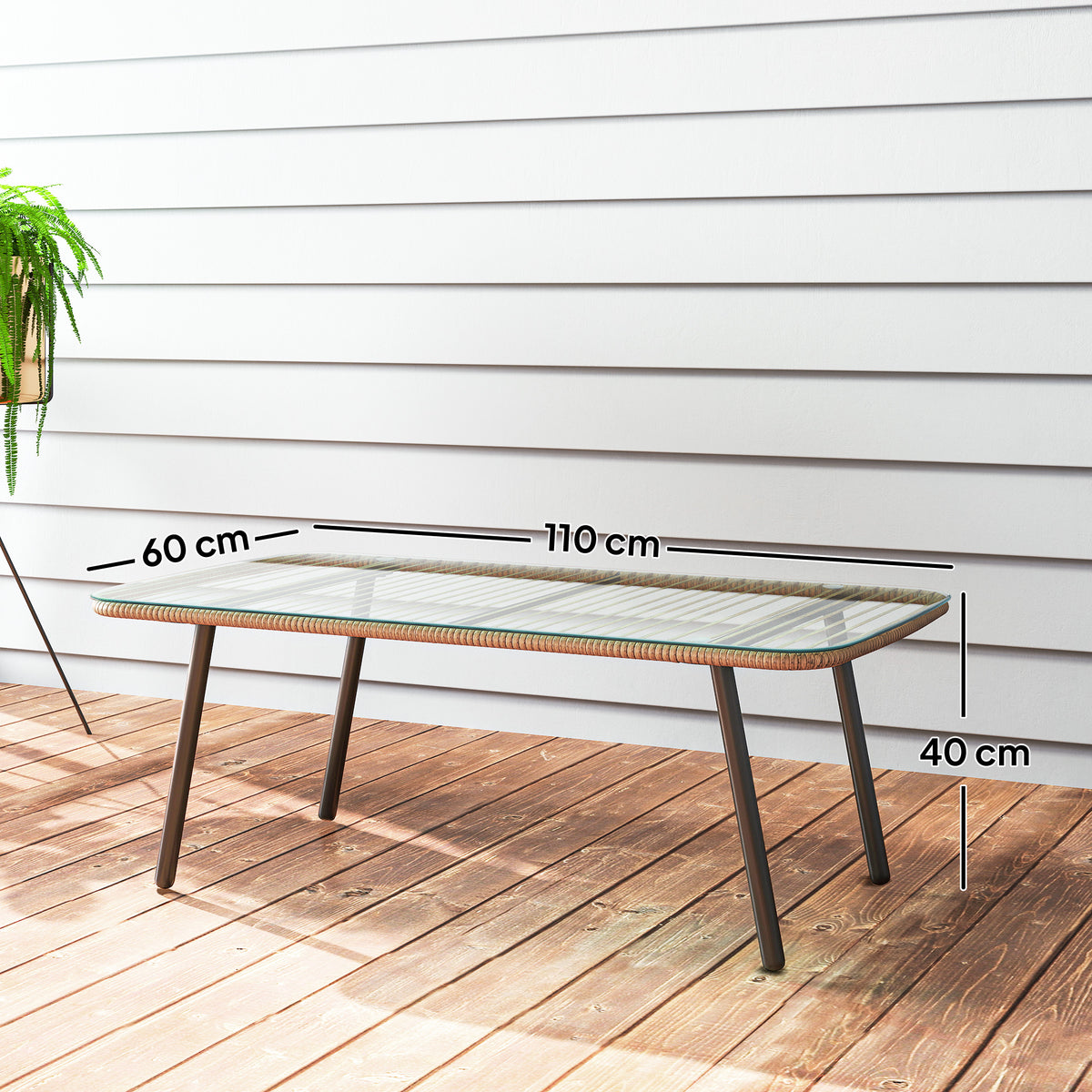 Tavolino da giardino con piano in vetro temperato da 5 mm, tavolino d'appoggio per esterni, struttura in acciaio, effetto legno naturale