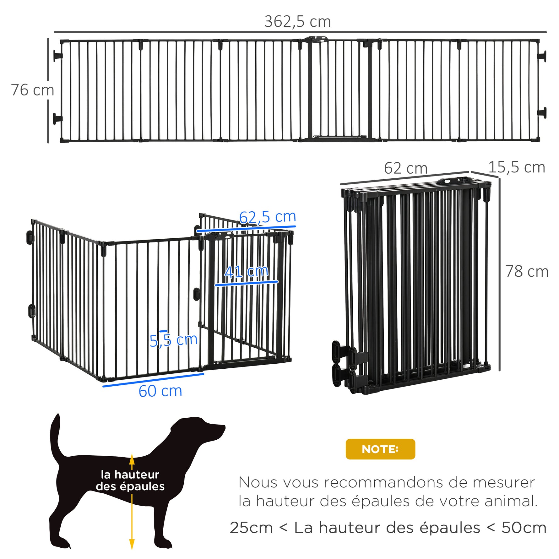 Barrière de sécurité barrière de protection cheminée parc enclos chien pliable modulable 6 panneaux avec porte sans perçage 362,5 x 76 cm noir