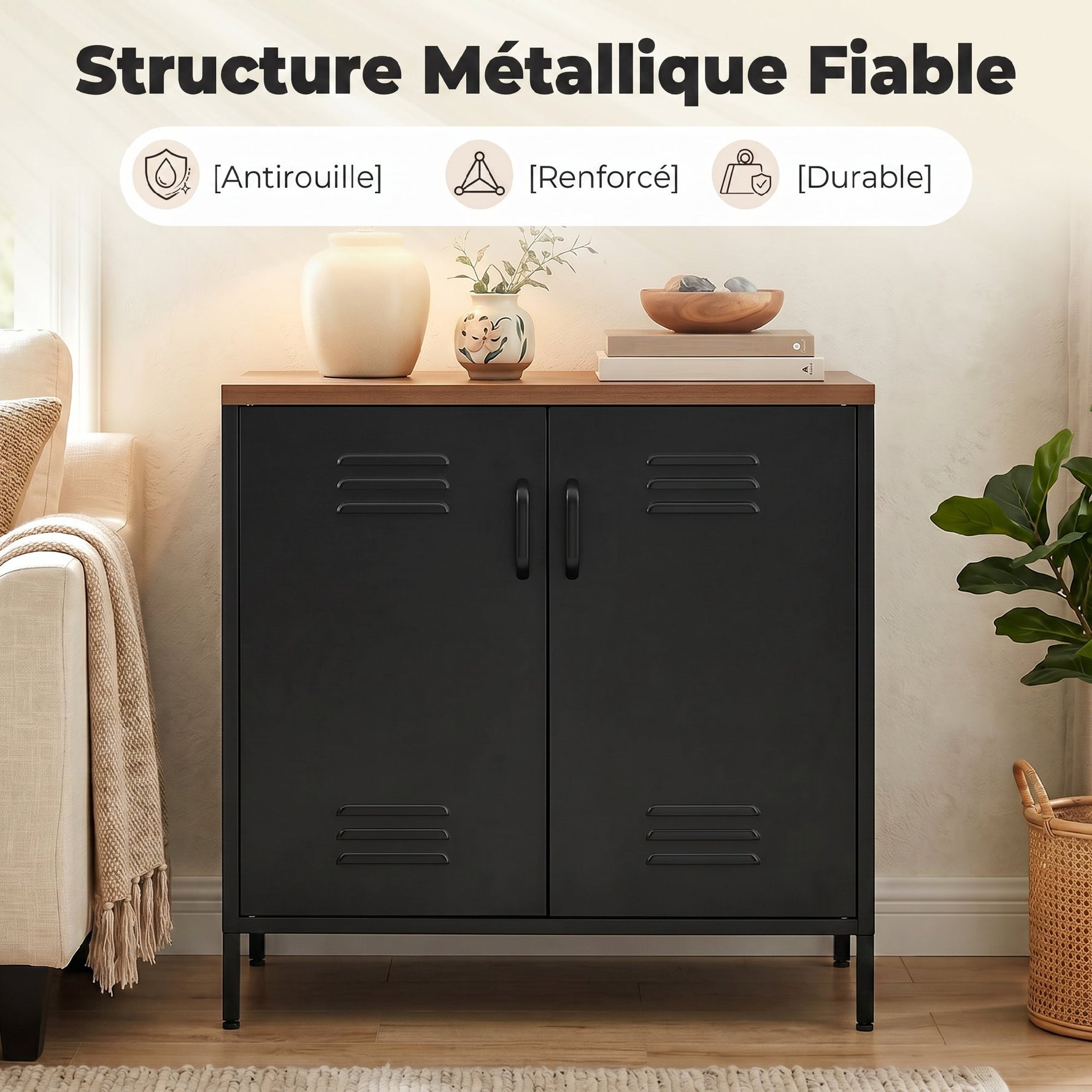 Buffet Salon Métallique, Meuble de Rangement Industriel avec 2 Portes et Étagère Réglable, 80 x 40 x 80 cm, Noir