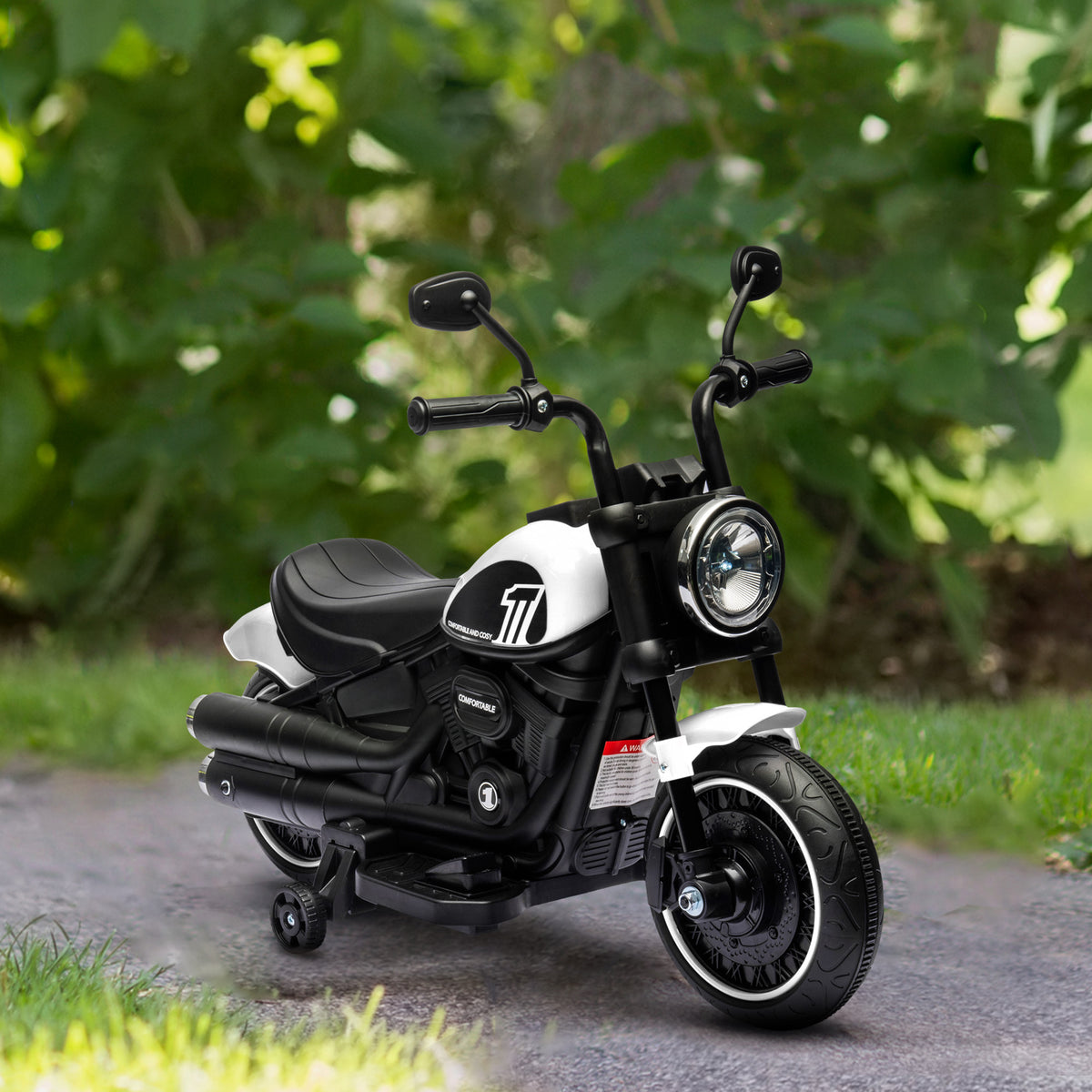 Electric motorcycle for kids 3 km/h 6V with LED headlight, 2 training wheels, for ages 18-36 months, with powerful motor, white