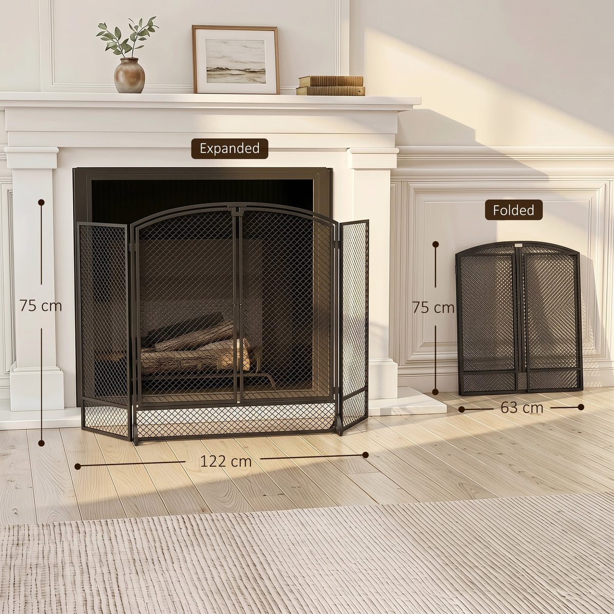Pare-feu de Cheminée Pliable 3 Panneaux, 2 Portes, Style Moderne, Pare-Étincelles Cheminée en Métal, 122x10x75cm, Noir