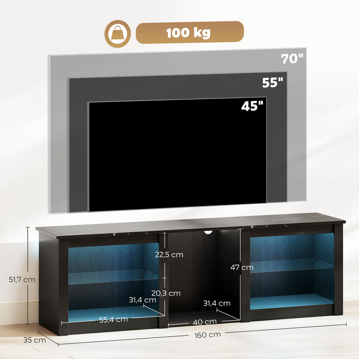 Meuble TV avec éclairage LED pour télévision jusqu'à 70 pouces, 160cm avec étagères en verre réglables, noir
