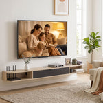 Meuble TV suspendu, meuble télé pour téléviseur jusqu'à 75 pouces, tiroir rabattable 2 étagères 180x24x16cm bois naturel
