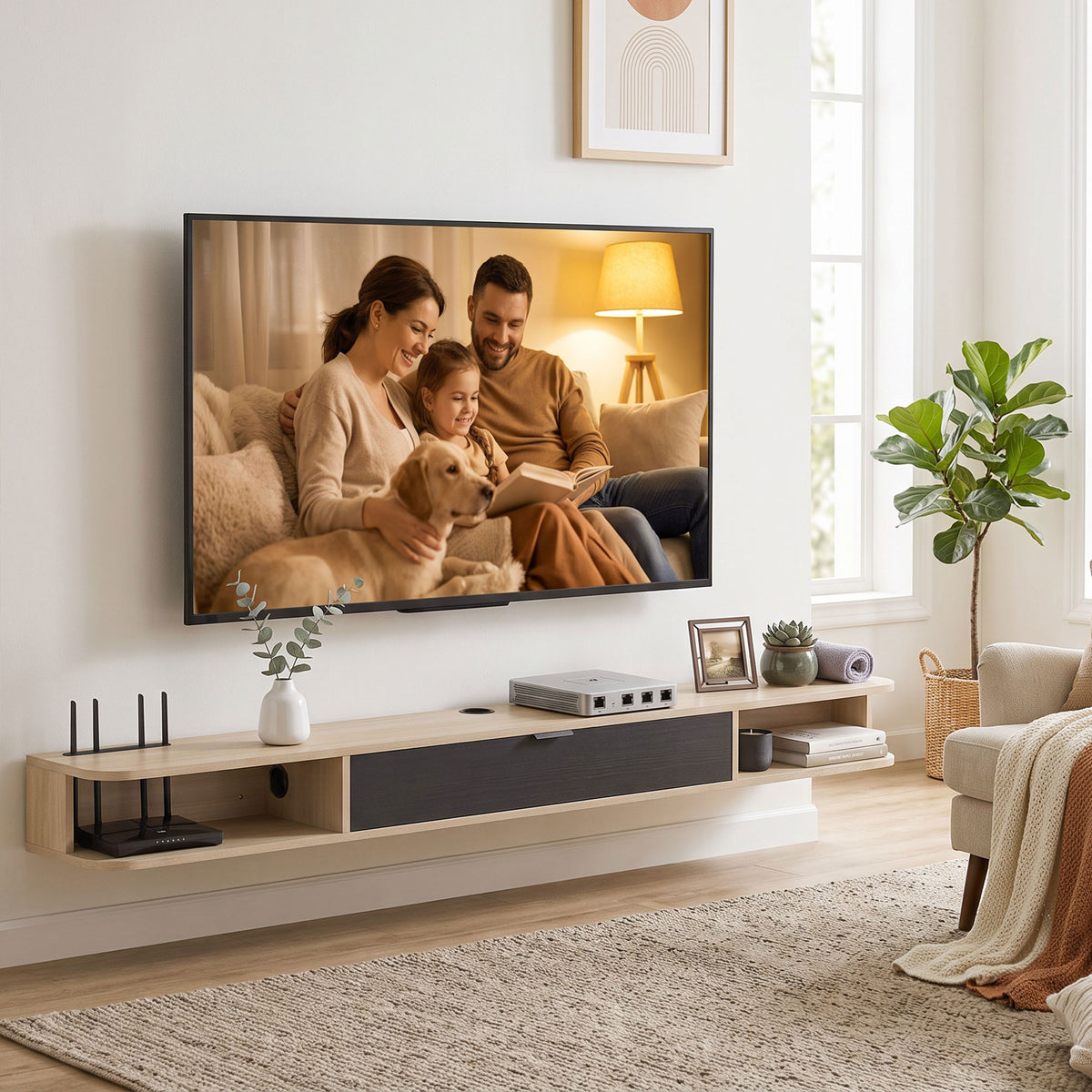 Meuble TV suspendu, meuble télé pour téléviseur jusqu'à 75 pouces, tiroir rabattable 2 étagères 180x24x16cm bois naturel