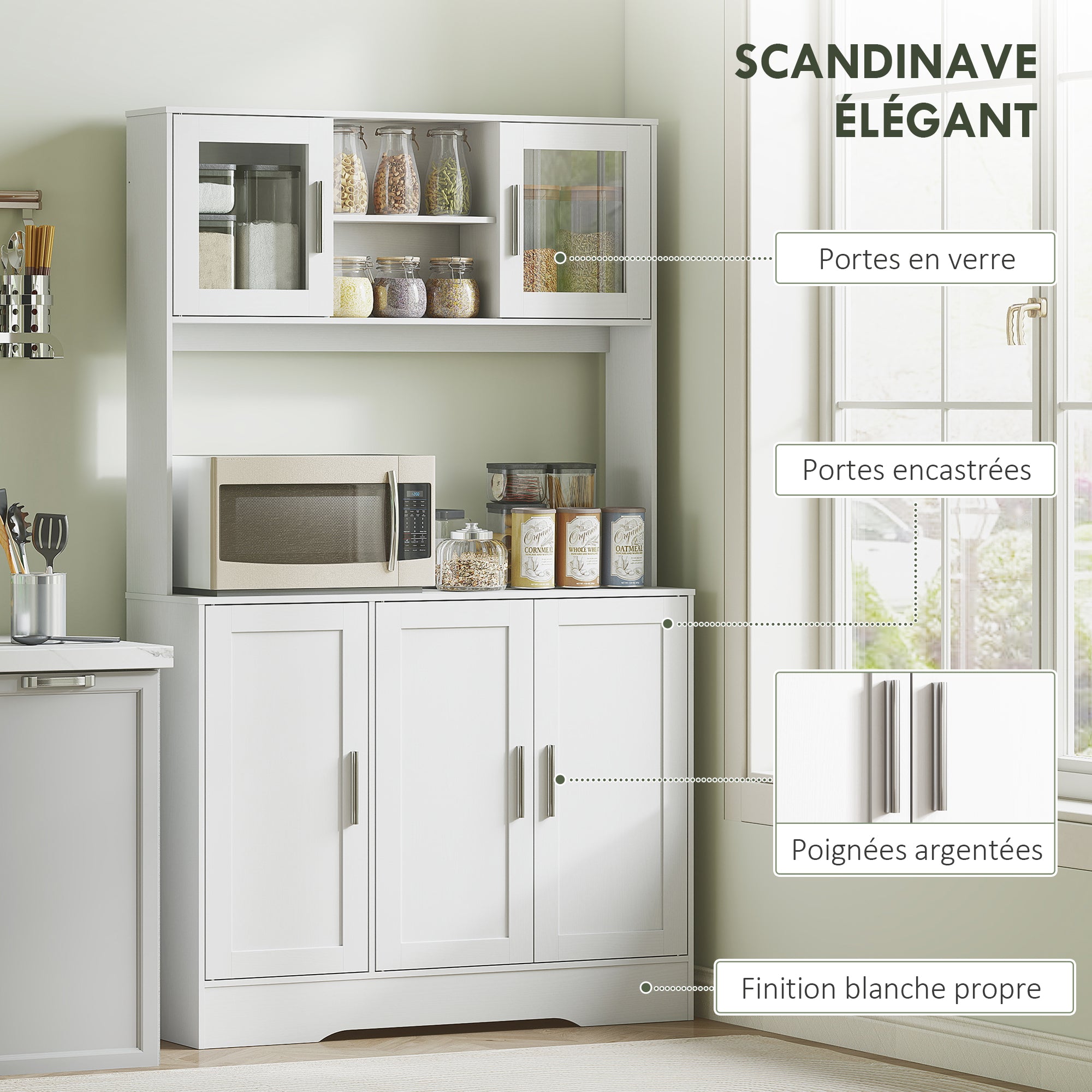 Scandinavian kitchen cabinet with cupboards, open compartments, glass doors and countertop, white