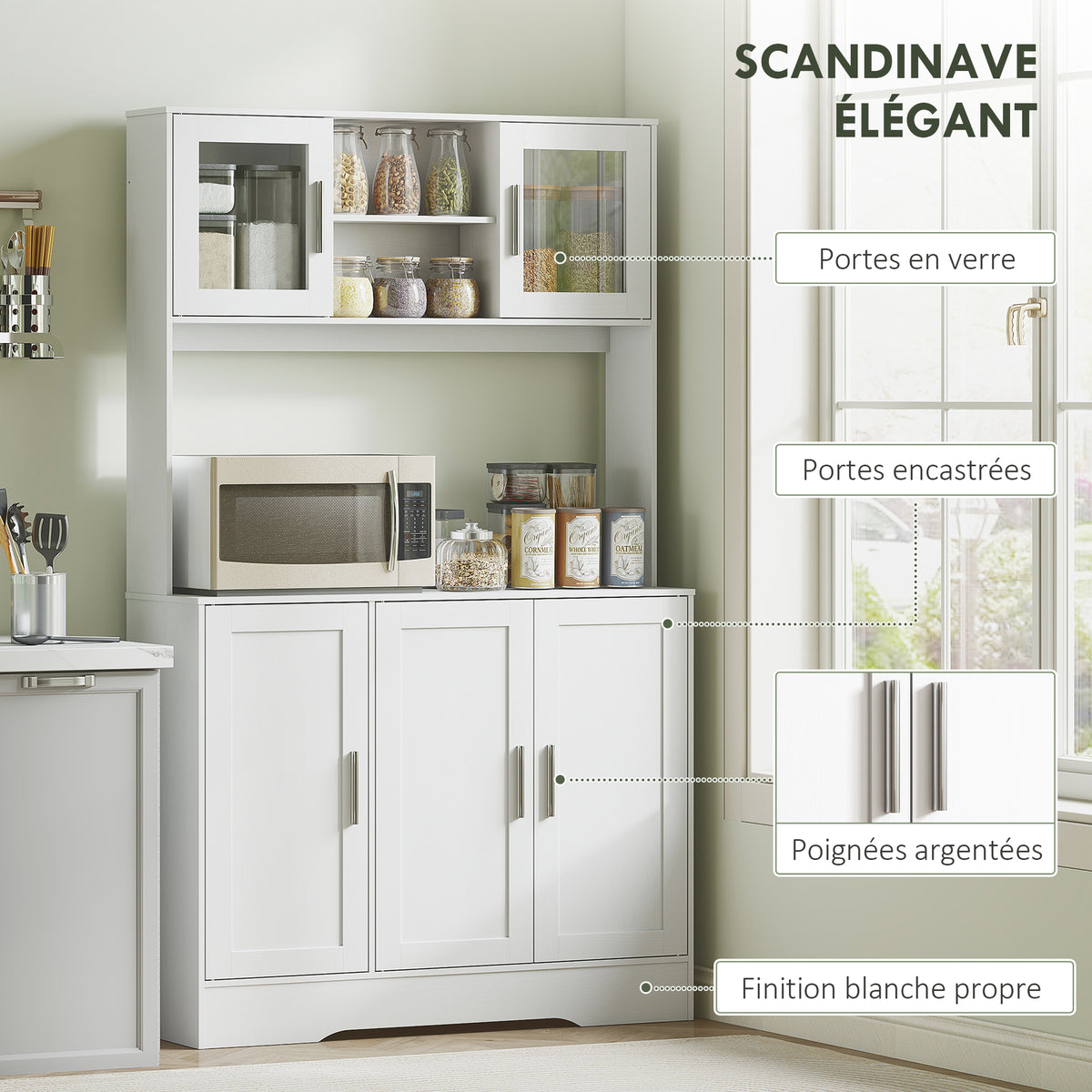 Armoire de cuisine scandinave avec placards, compartiments ouverts, portes vitrées et plan de travail, blanc