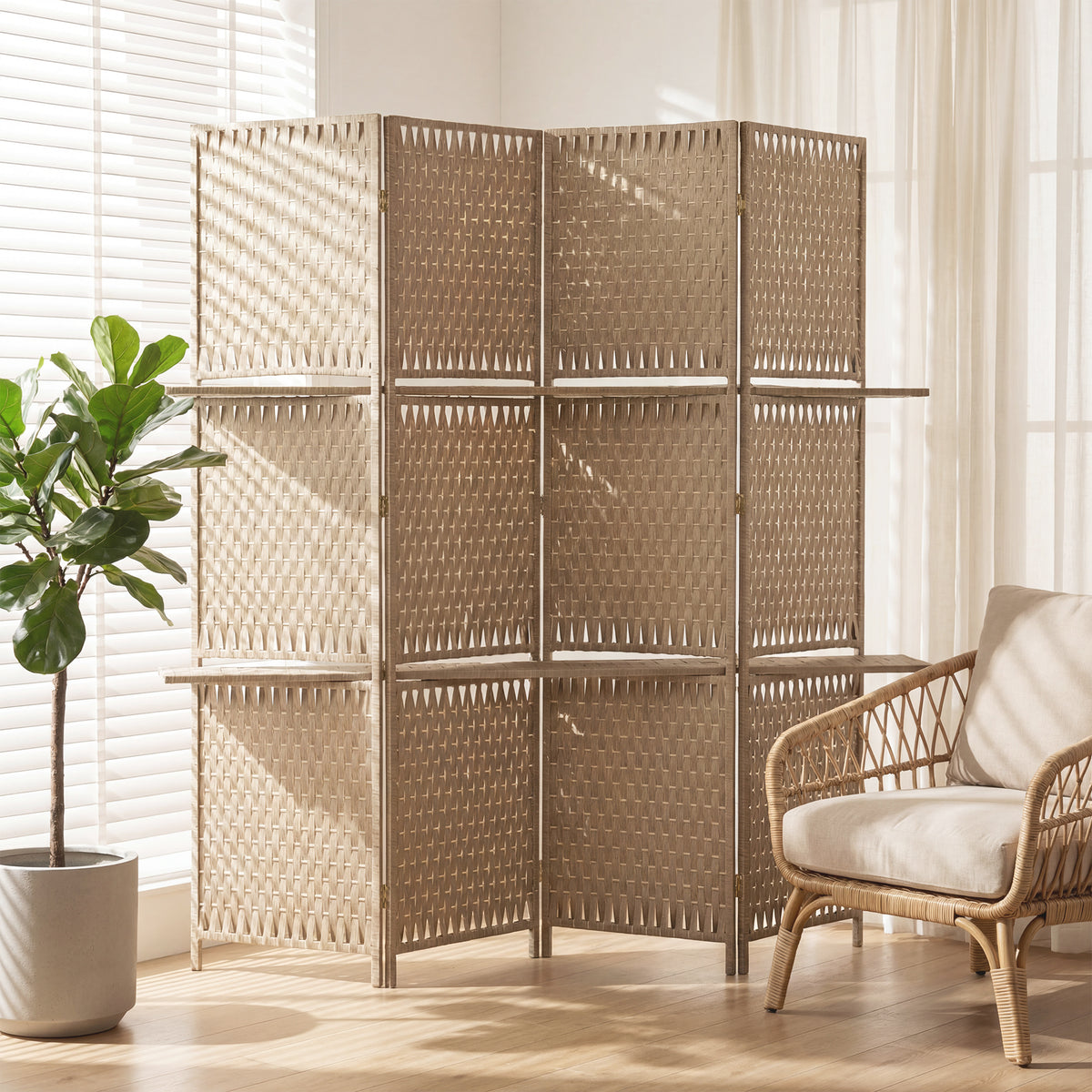 Séparateur de pièces 4 panneaux 2 étagères pliables naturel paille