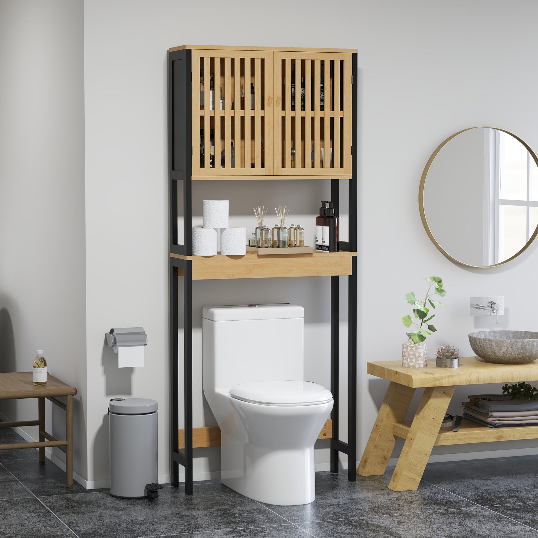 Étagère de toilettes meuble de salle de bain dessus toilette WC avec placard 2 portes et étagère ouverte bambou