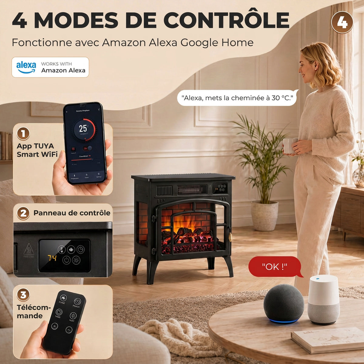 Chimenea eléctrica con efecto de llama 3D multicolor 1000W/2000W, termostato ajustable, control por aplicación y voz, negro
