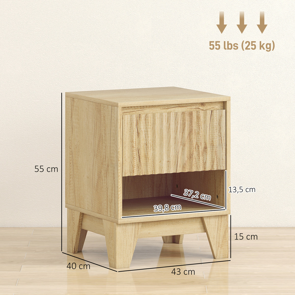 Lot de 2 tables de chevet étroite, table d'appoint compartiment ouvert 1 tiroir, panneaux cannelés 43x40x55cm naturel