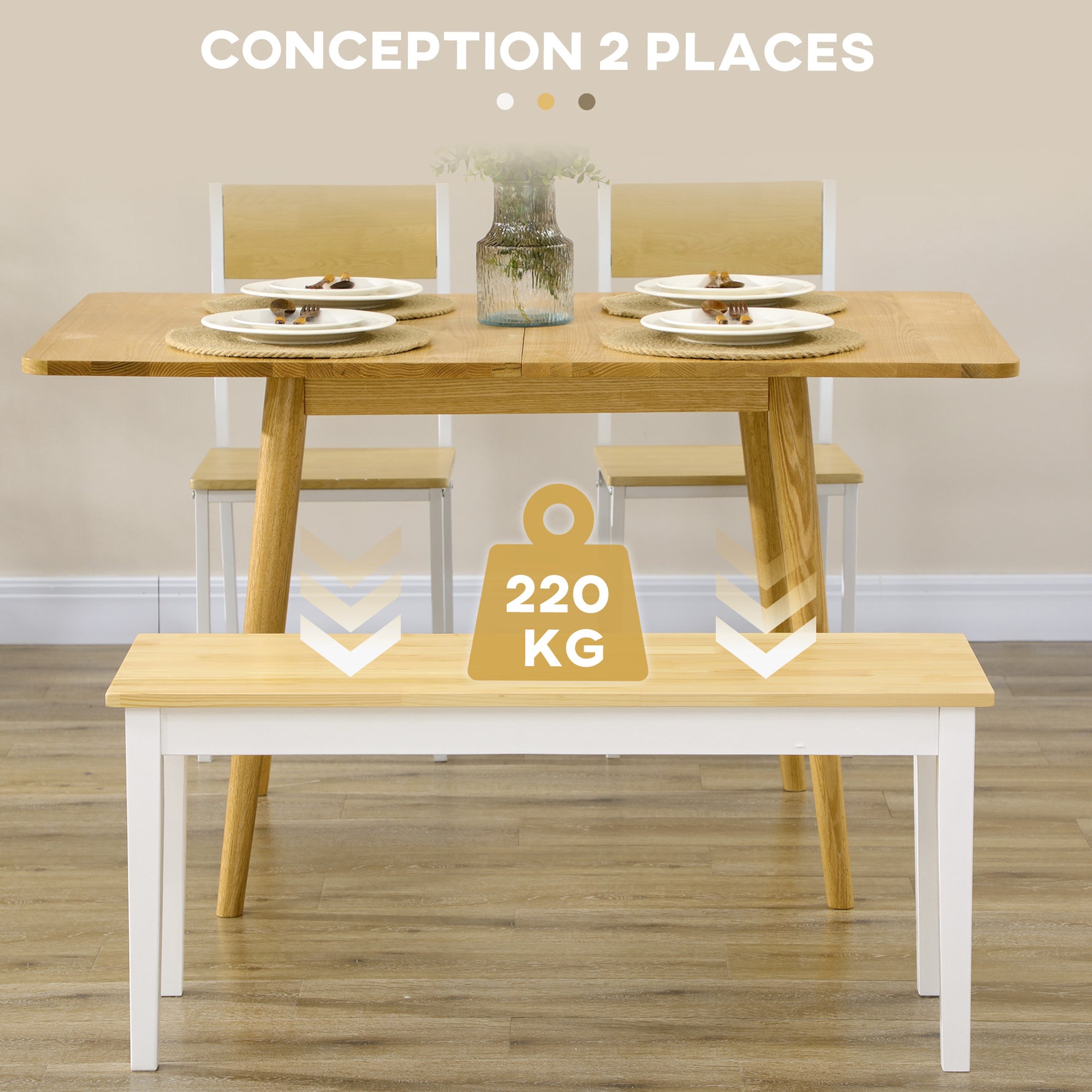 Banc en bois pour 2 personnes bicolore assise naturelle et piètement blanc 102 x 36 x 45 cm