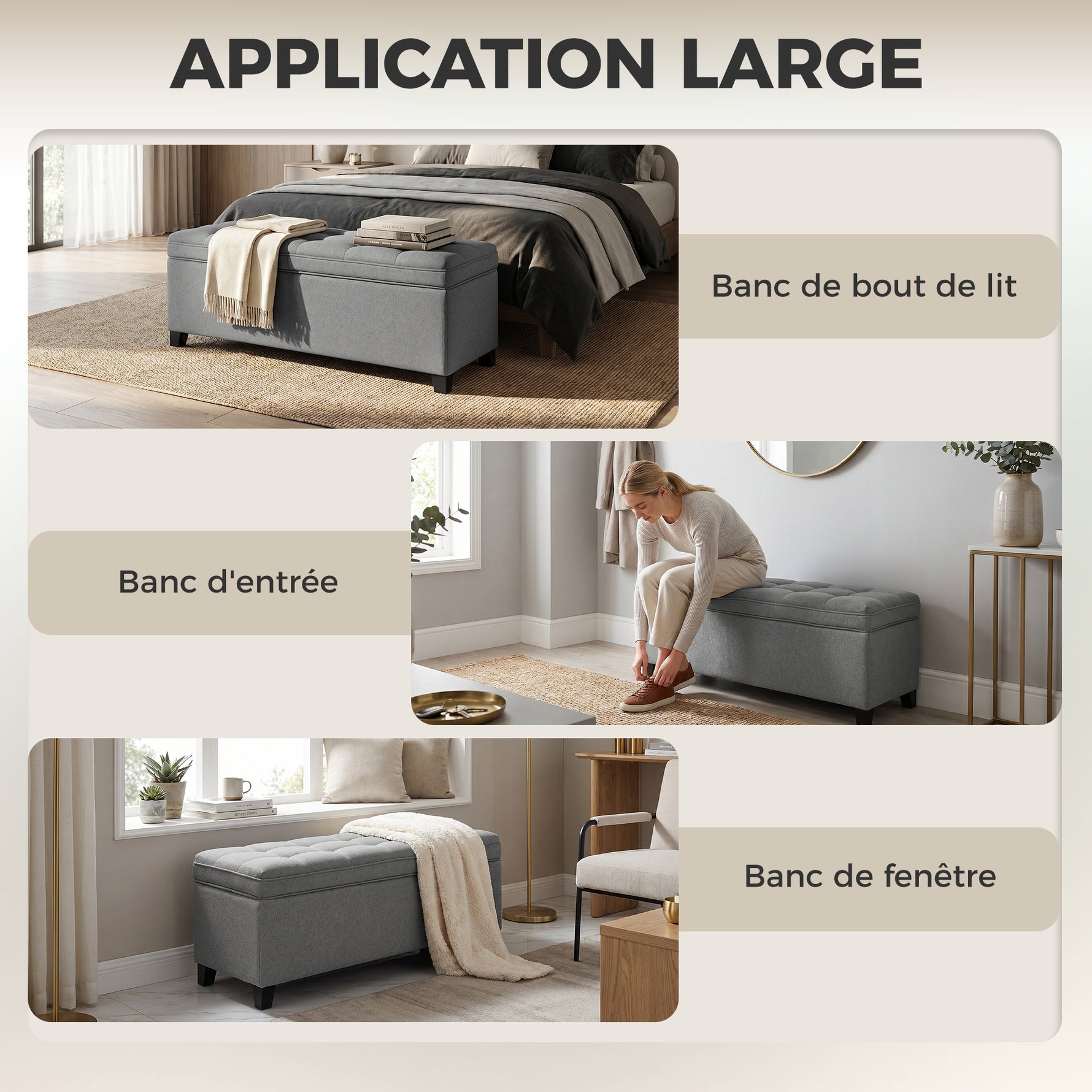Banc de rangement 112L banquette bout de lit en tissu de lin, siège capitonné, 120 x 40 x 48 cm, gris foncé
