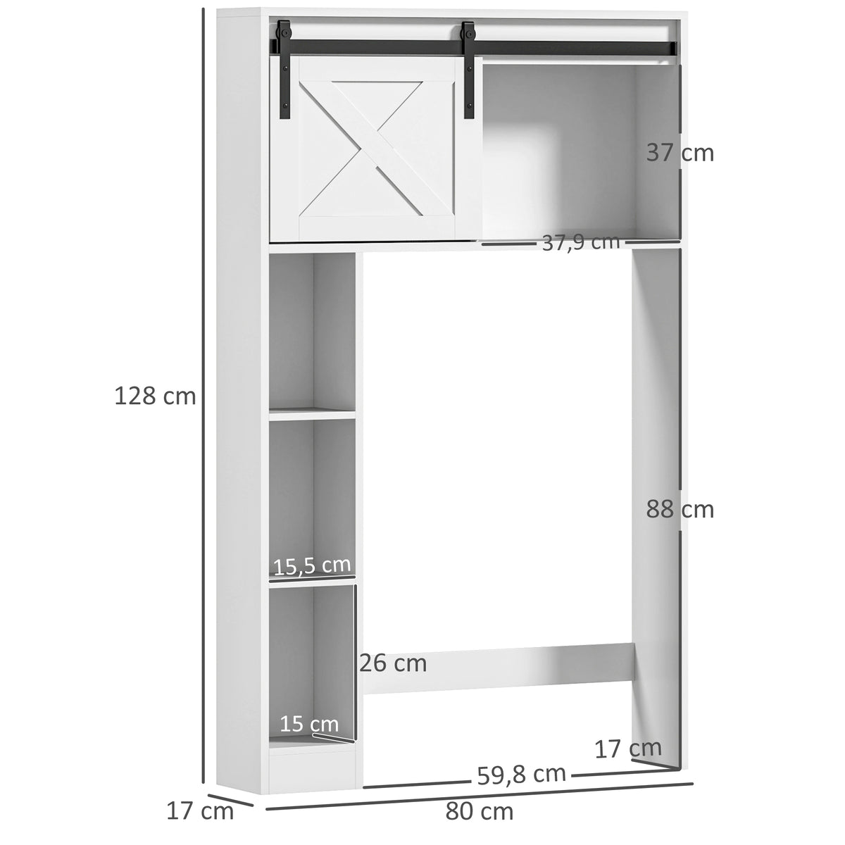Meuble de rangement au-dessus des toilettes avec porte coulissante, Meuble étagère dessus WC, étagère réglable, blanc