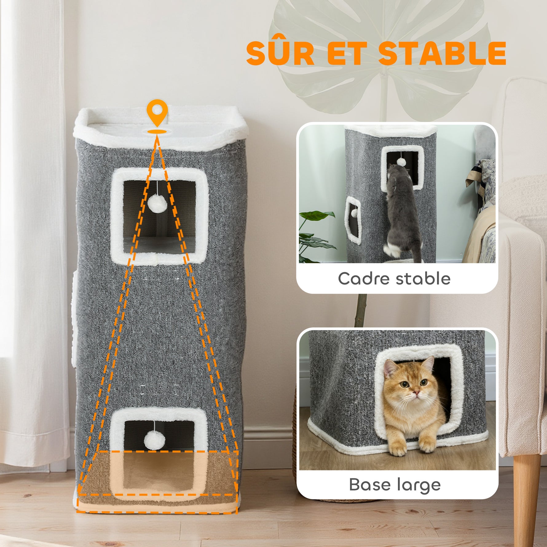 Tour pour chat 4 niveaux, arbre à chat stable boules de jeu plateforme supérieure bord en peluche, 41x 41 x 100 cm, gris
