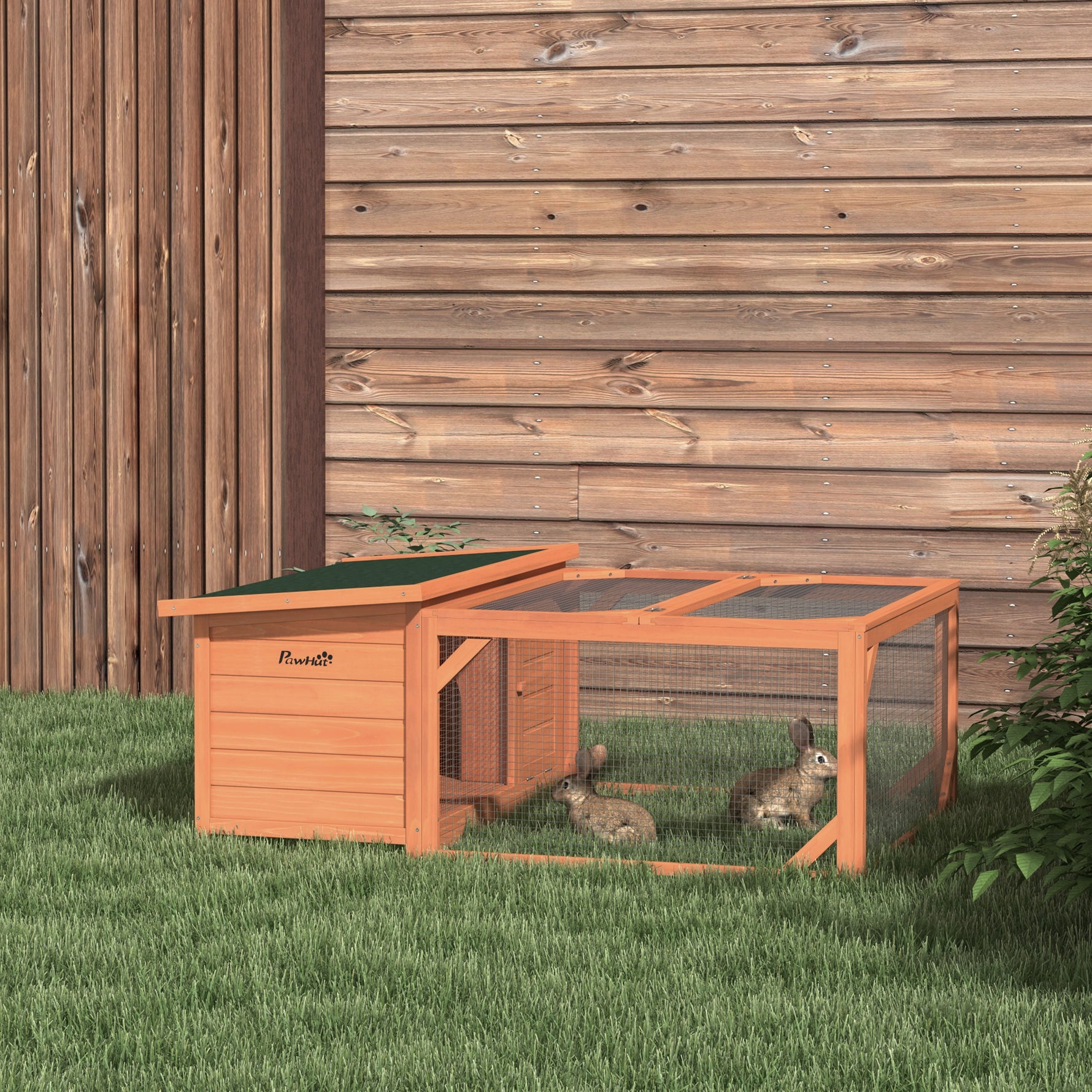 Clapier d'extérieur, cage lapin avec enclos, toit en asphalte, cadre en bois, 125,5 x 100 x 49 cm, orange
