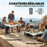 Mesa plegable de HDPE, mesa de camping plegable cuadrada 86 x 86 x 74 cm, con asa, altura ajustable, blanco