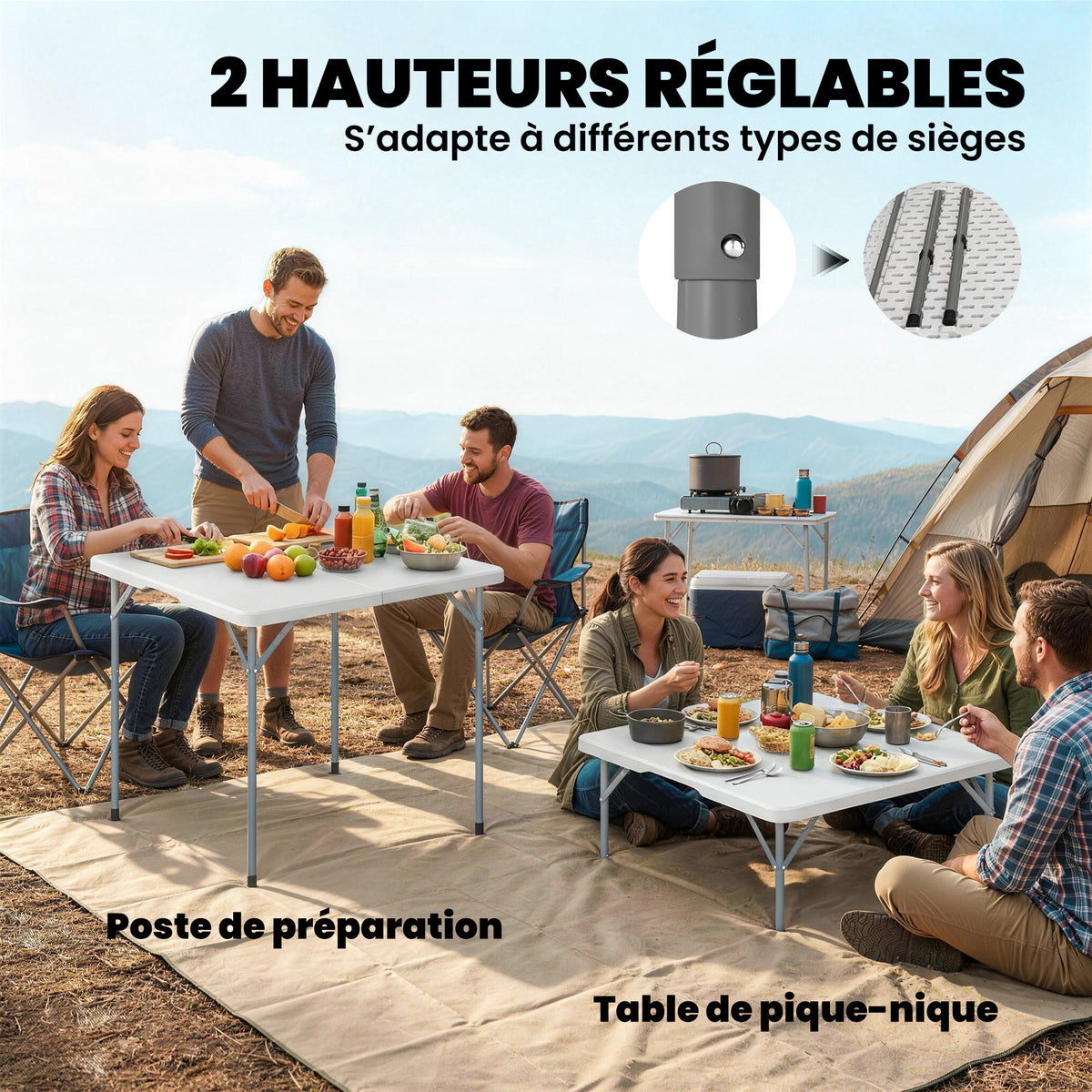Mesa plegable de HDPE, mesa de camping plegable cuadrada 86 x 86 x 74 cm, con asa, altura ajustable, blanco
