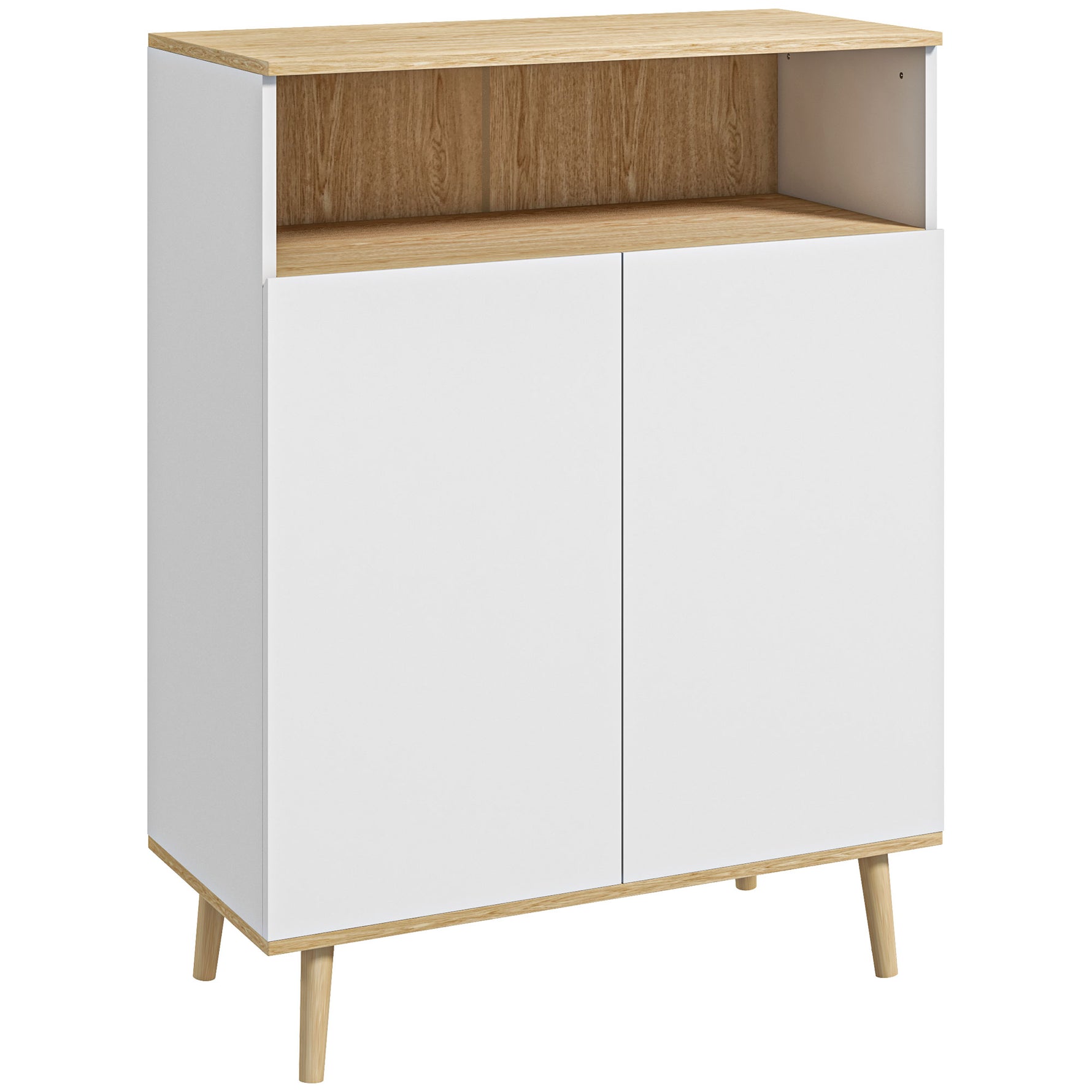 Meuble de rangement buffet sur pied scandinave placard 2 portes avec étagère intérieure blanc et aspect bois