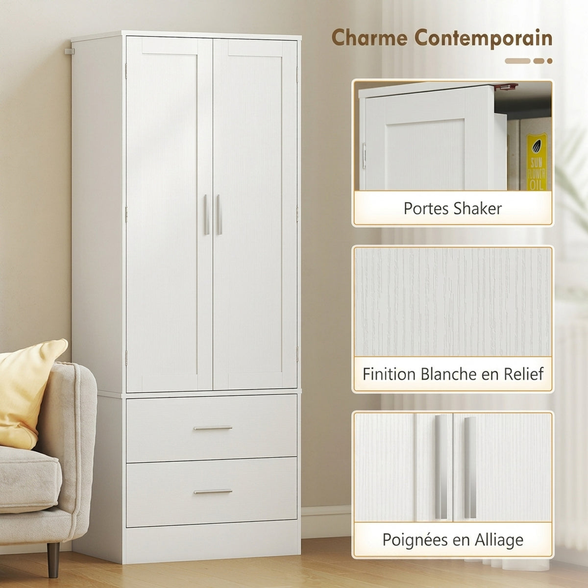 Buffet haut cuisine, armoire de cuisine, 2 portes, 8 porte-épices, 2 tiroirs, étagères réglables, 60x40x159cm, blanc