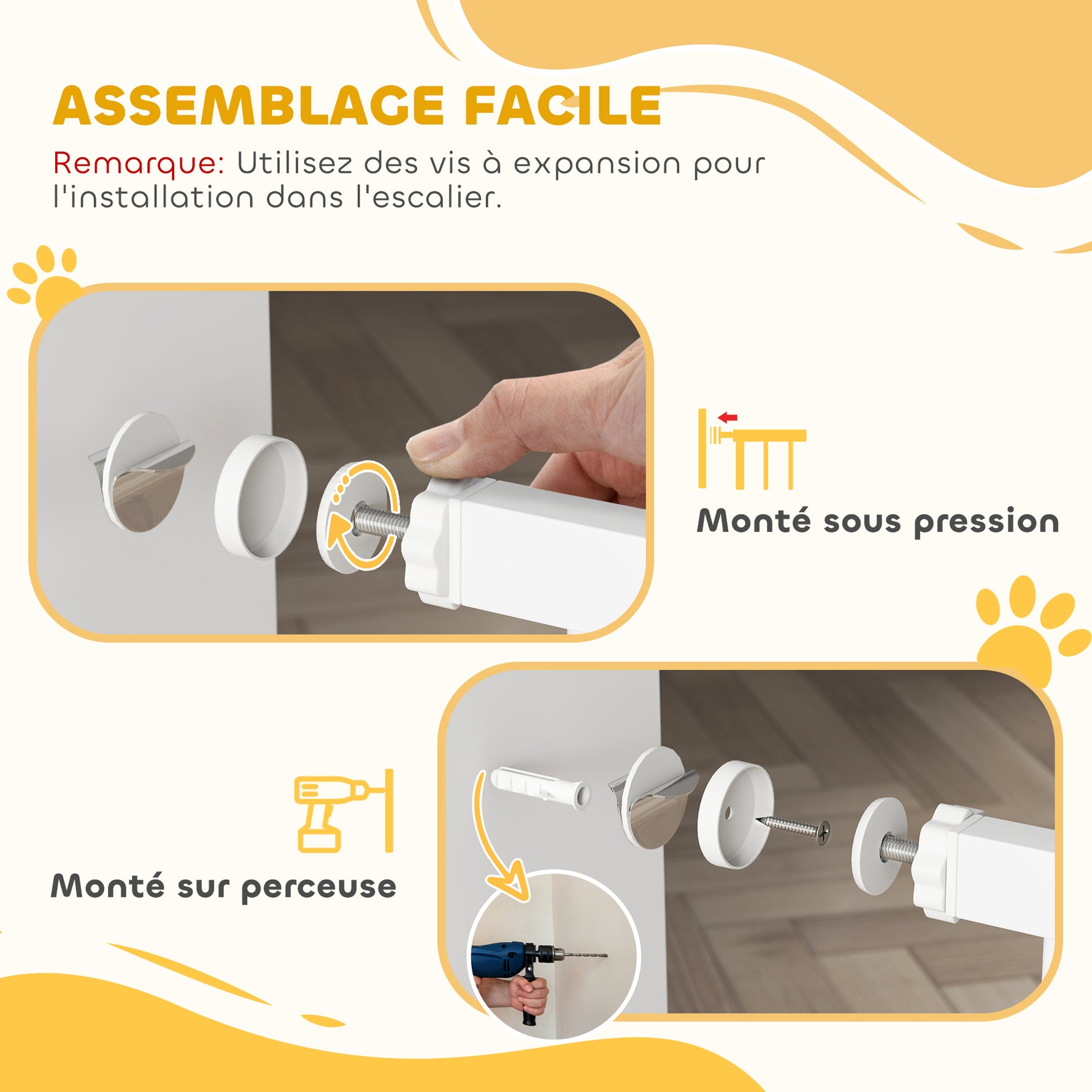 Barrière de sécurité chien barrière extensible 75-95 x 76 cm barrière escaliers couloirs portes sans perçage en acier et ABS blanc