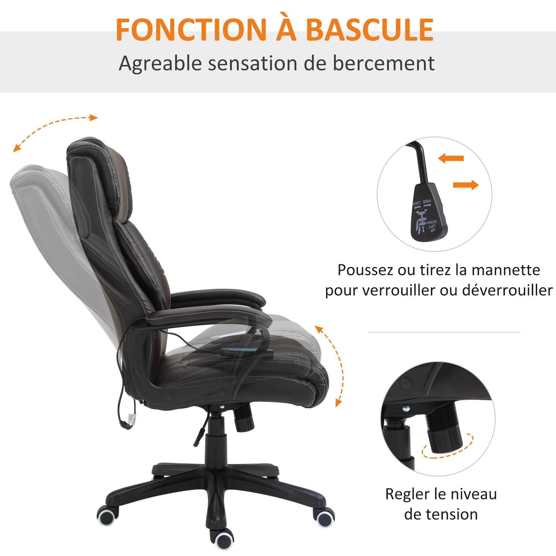 Fauteuil de bureau massant  fauteuil bureau ergonomique grand confort hauteur réglable fonction dossier à bascule revêtement synthétique brun
