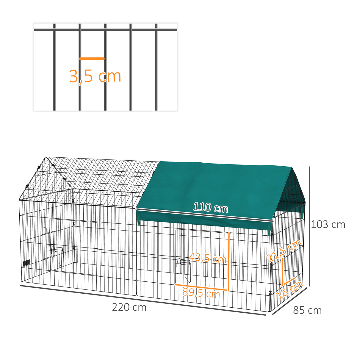 Parque recinto modular de acero con lona para conejos, roedores y animales pequeños, interior y exterior, 220L x 85An x 103Al cm