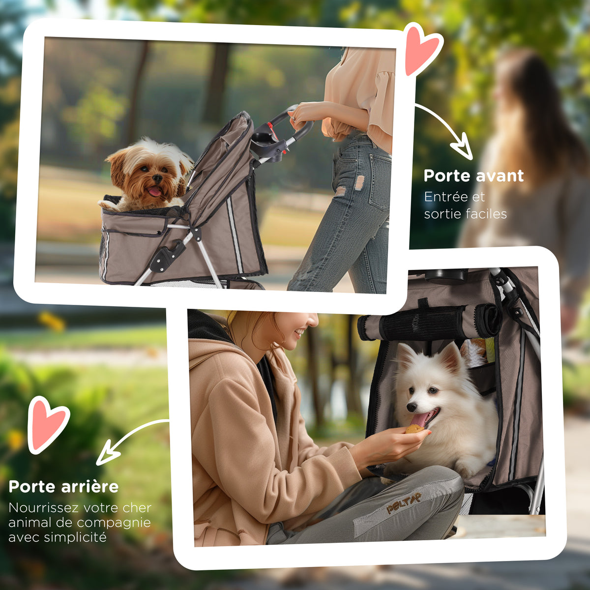 Poussette Buggy Pliable Animaux, Chariot Pliant Chien Chat, Porte-Gobelet Panier de Rangement Inclus, Roues avec Frein, Tissu 600D Oxford Acier, 75 x 45 x 97 cm Marron