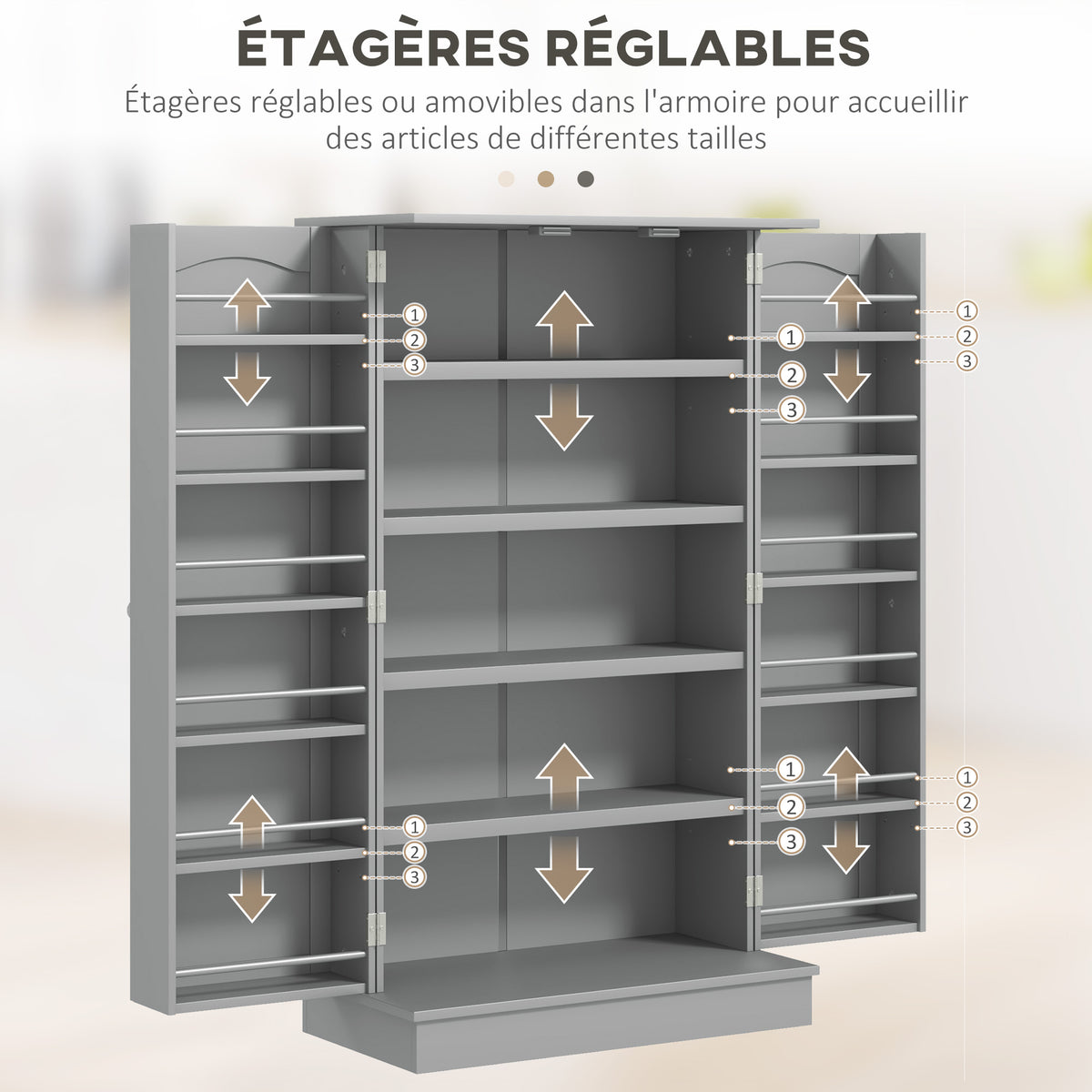 Armoire meuble de cuisine garde-manger 2 portes avec 5 étagères et 12 porte-épices - 60 x 30 x 104 cm - gris