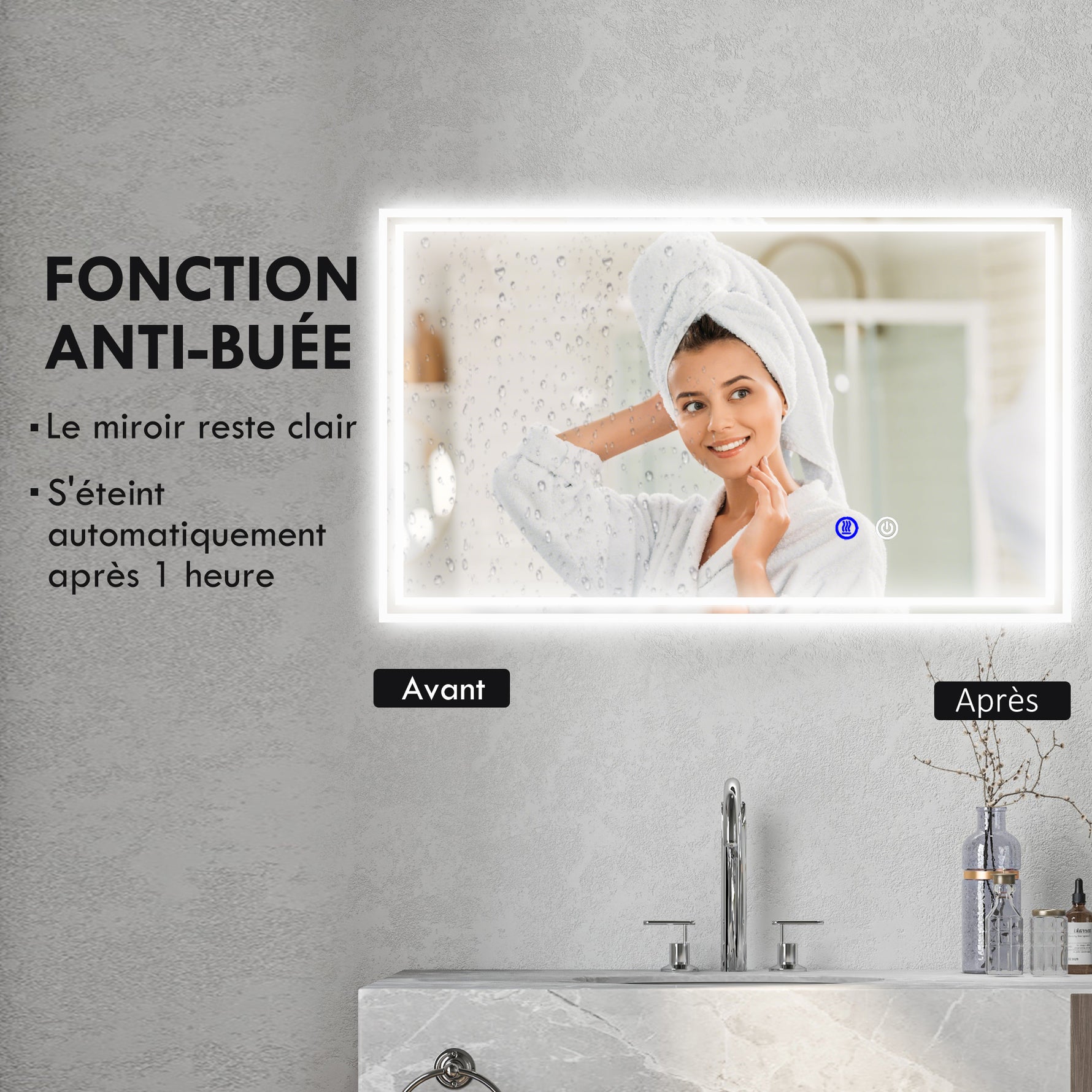 Miroir de salle de bain rectangulaire mural lumineux LED horizontal ou vertical, 100 x 60 cm